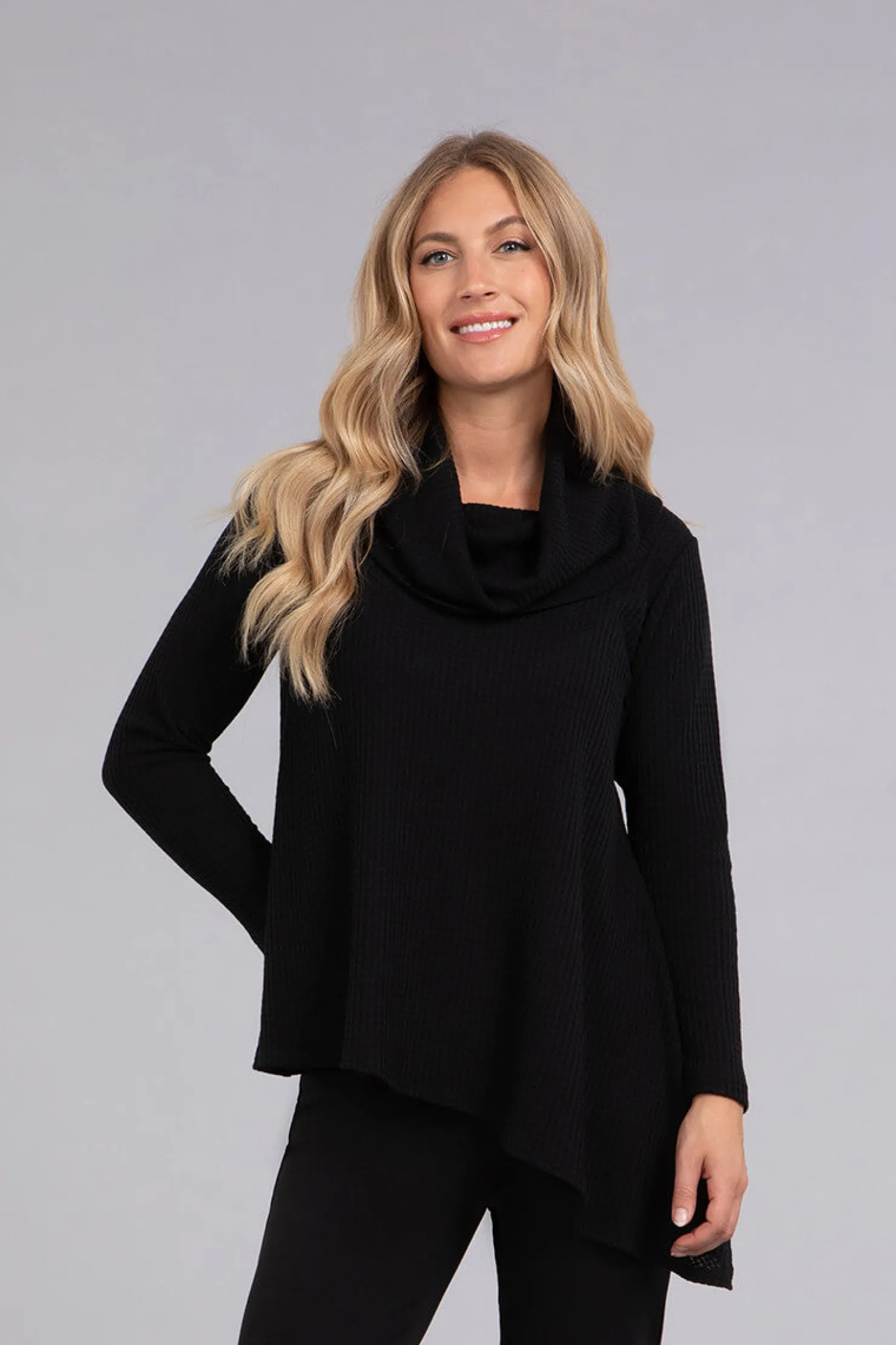 Sympli Sweaters & Cardigans>Angle Cowl Neck Waffle Sweater Black