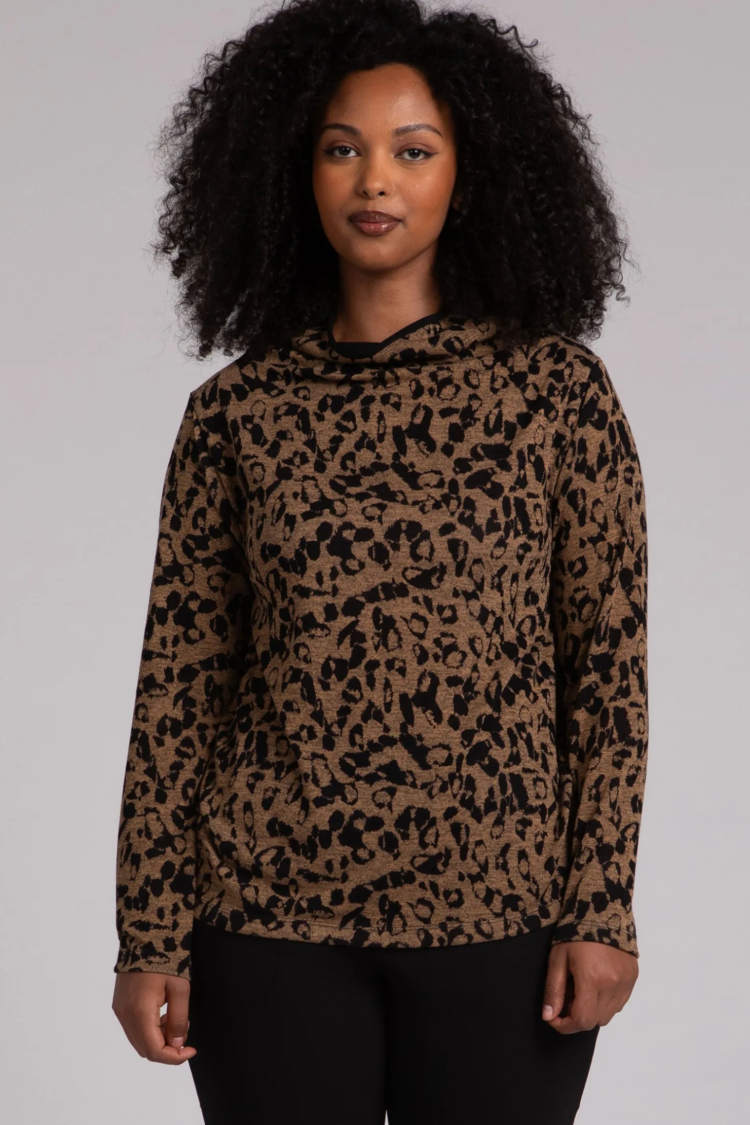 Sympli Tops>Animal Sweater Funnel Neck Top AnimalCamel
