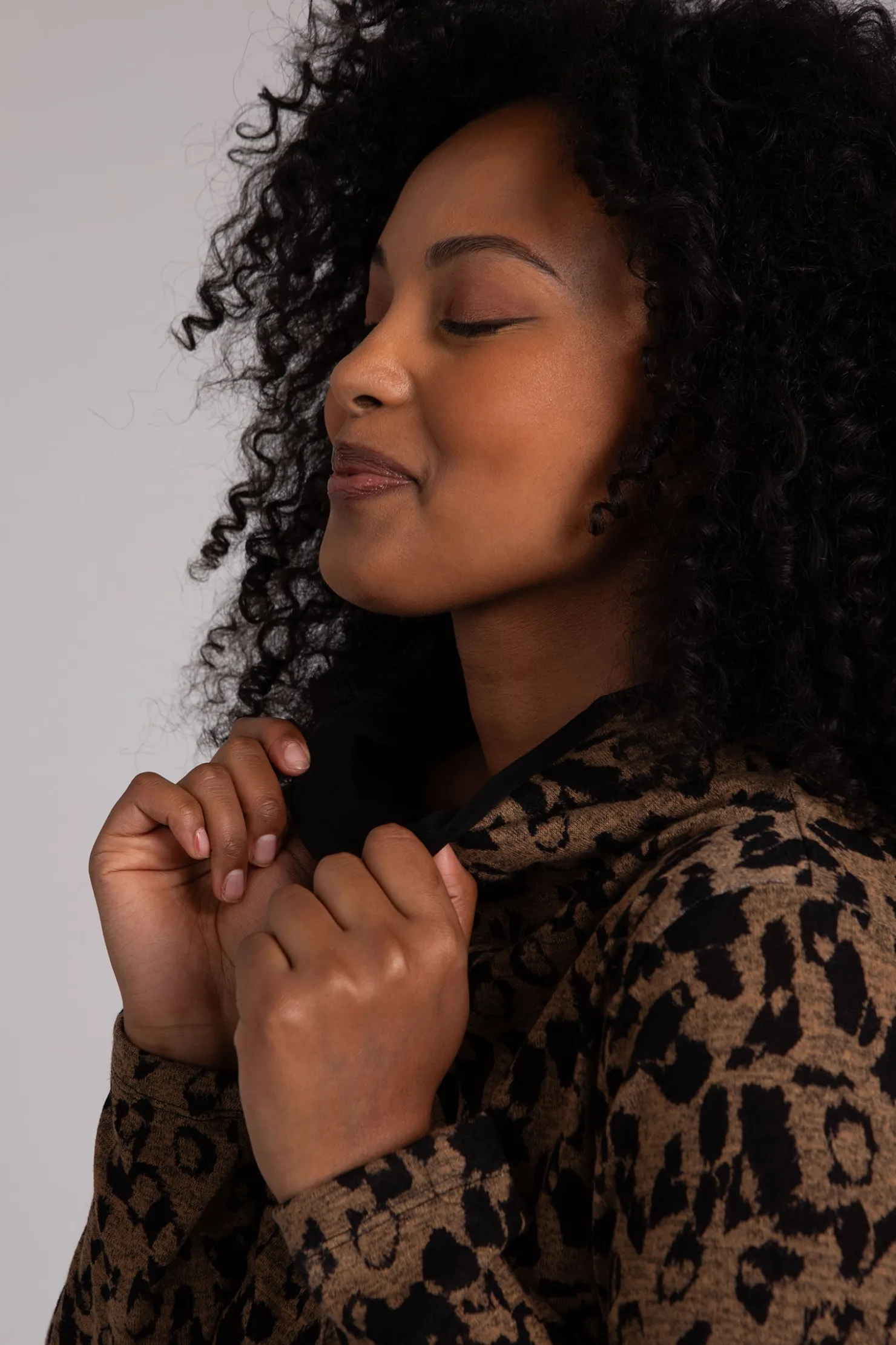 Sympli Tops>Animal Sweater Funnel Neck Top AnimalCamel