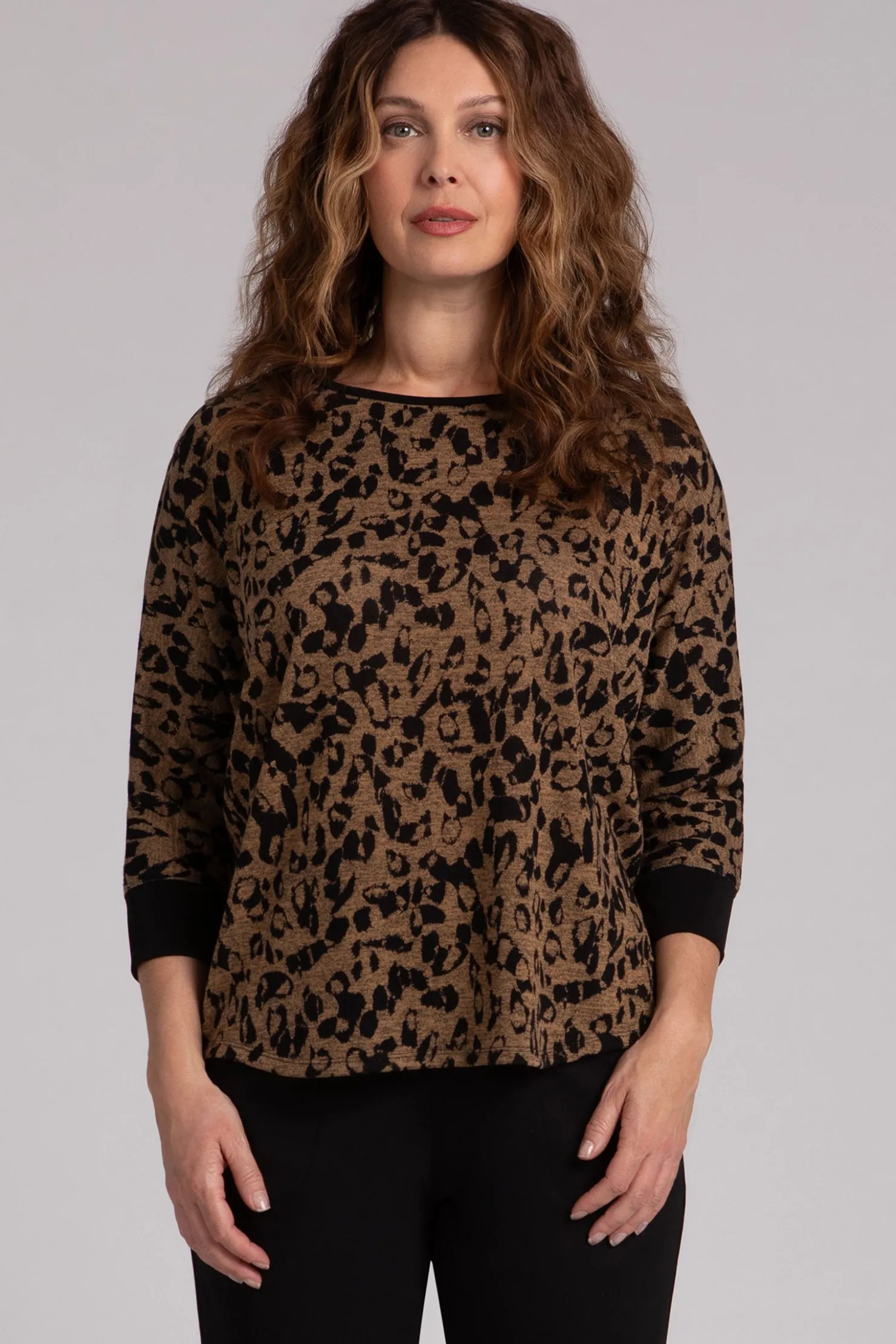 Sympli Tops>Animal Sweater Nu Cinch Top AnimalCamel