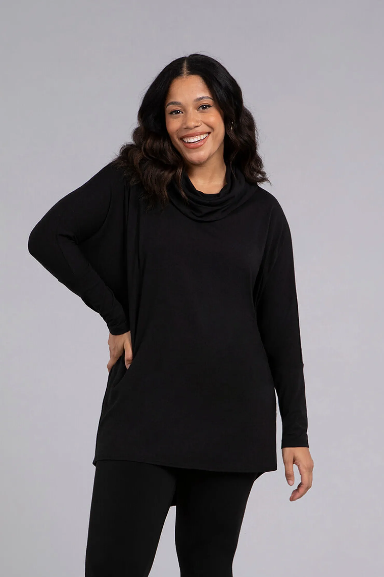 Sympli Tops>Bamboo Cotton Nu Cinch Cowl Tunic Black
