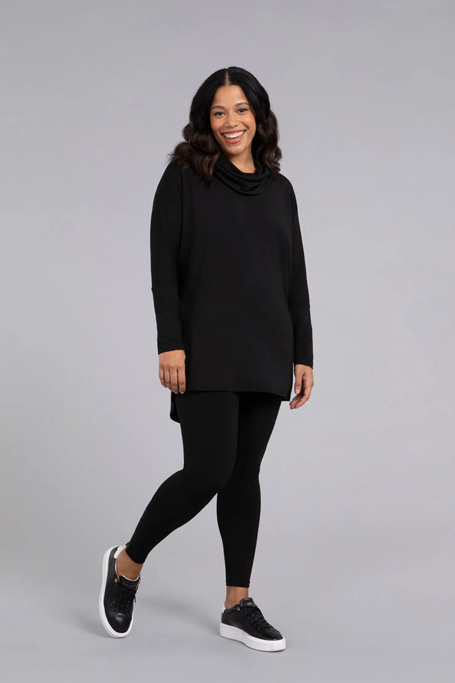 Sympli Tops>Bamboo Cotton Nu Cinch Cowl Tunic Black