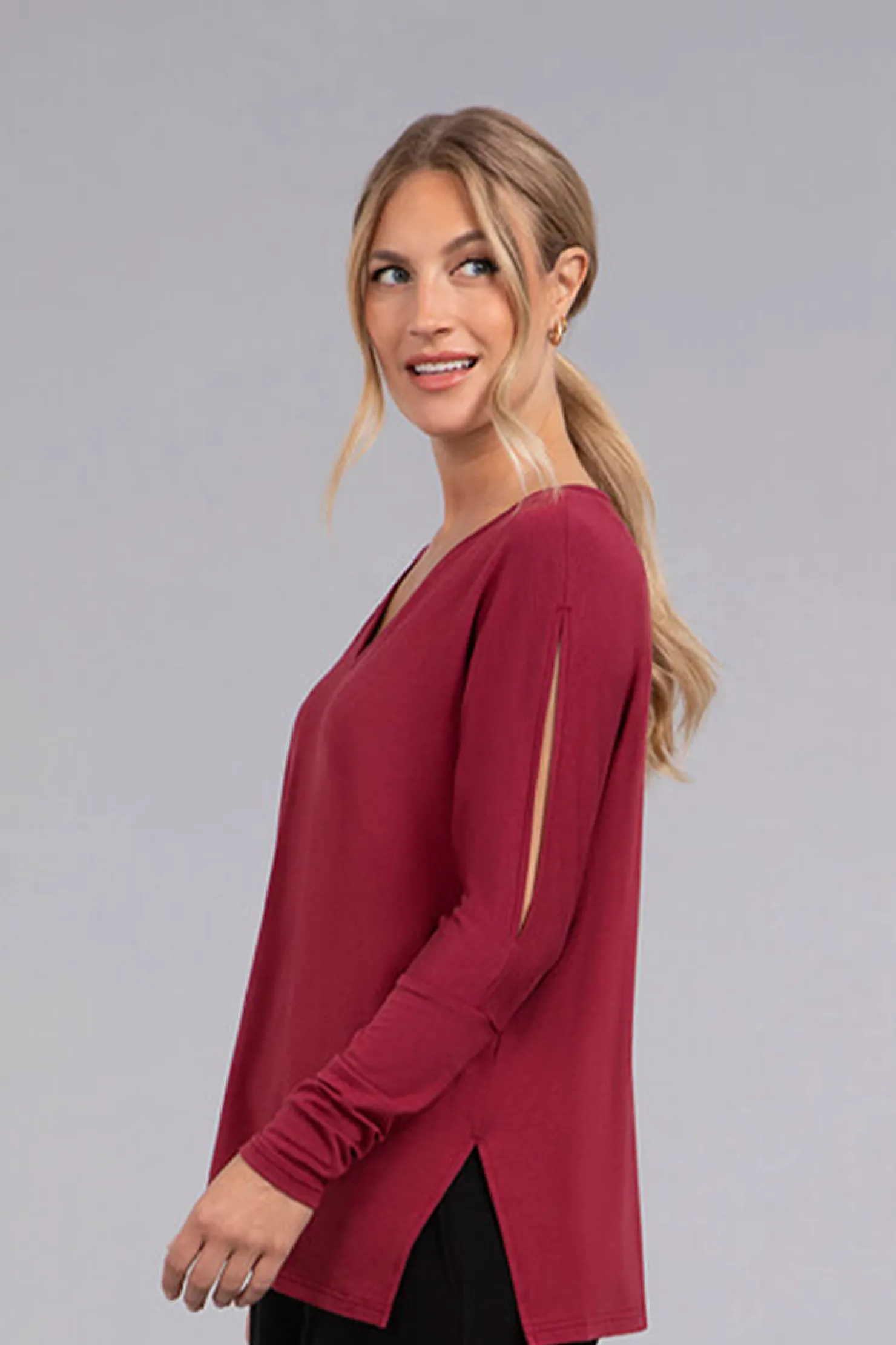 Sympli Tops>Bamboo Cotton V-Neck Slit Sleeve Top Cherry