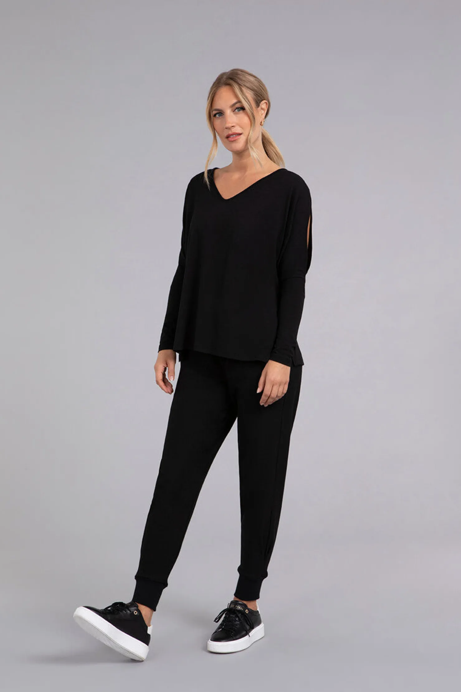 Sympli Tops>Bamboo Cotton V-Neck Slit Sleeve Top Black