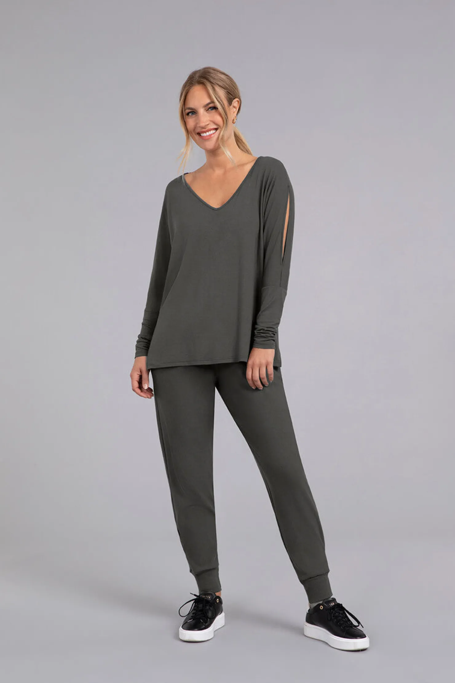 Sympli Tops>Bamboo Cotton V-Neck Slit Sleeve Top Raven
