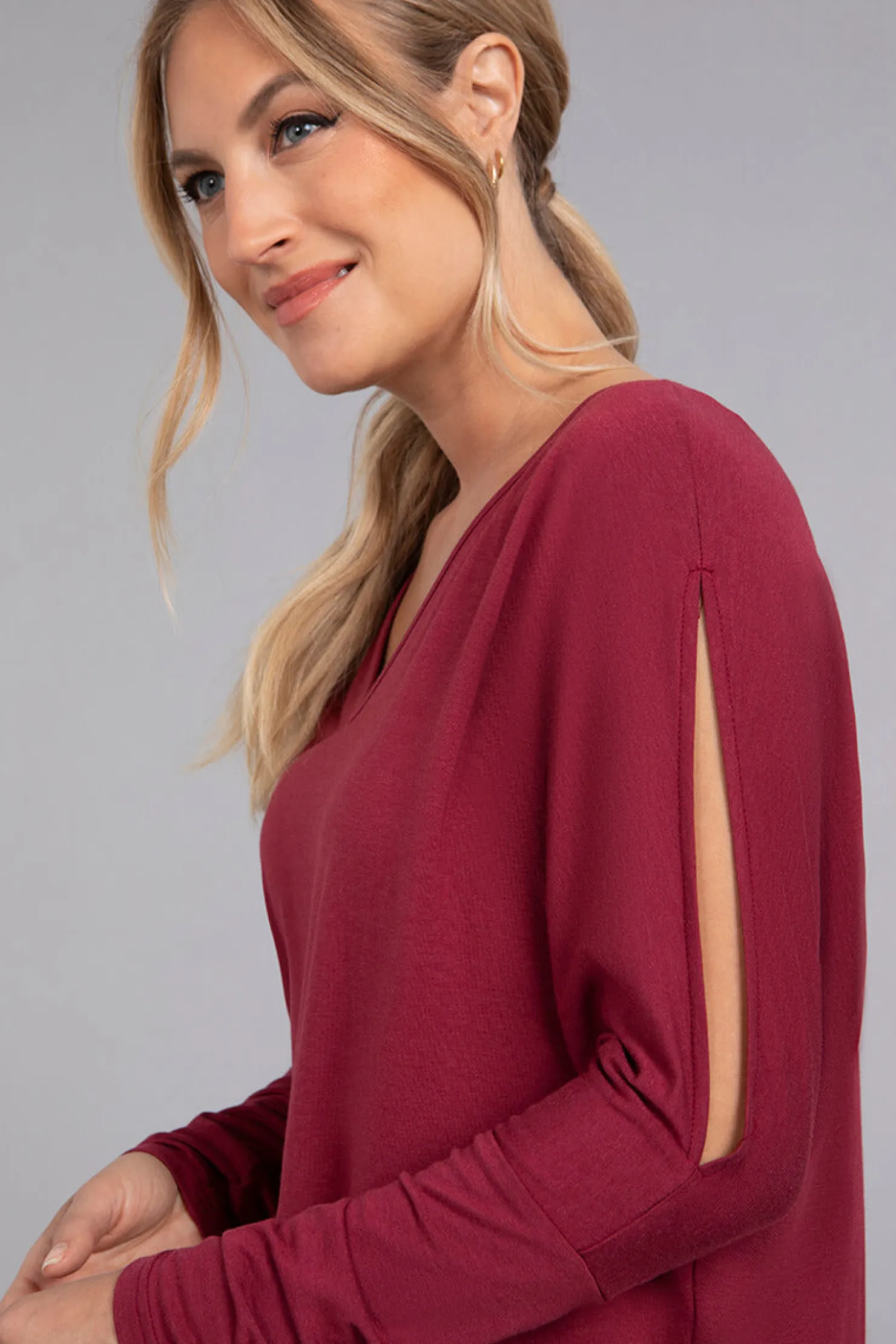 Sympli Tops>Bamboo Cotton V-Neck Slit Sleeve Top Cherry