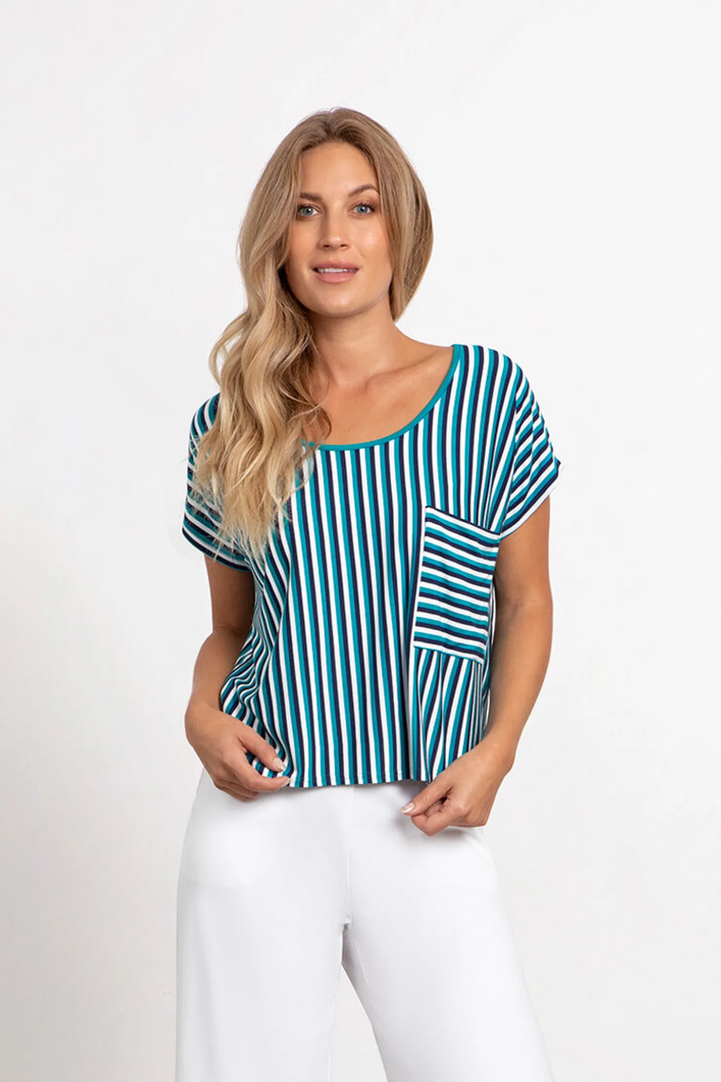 Sympli Tops>Bamboo Dolman Pocket Top BlueMulti