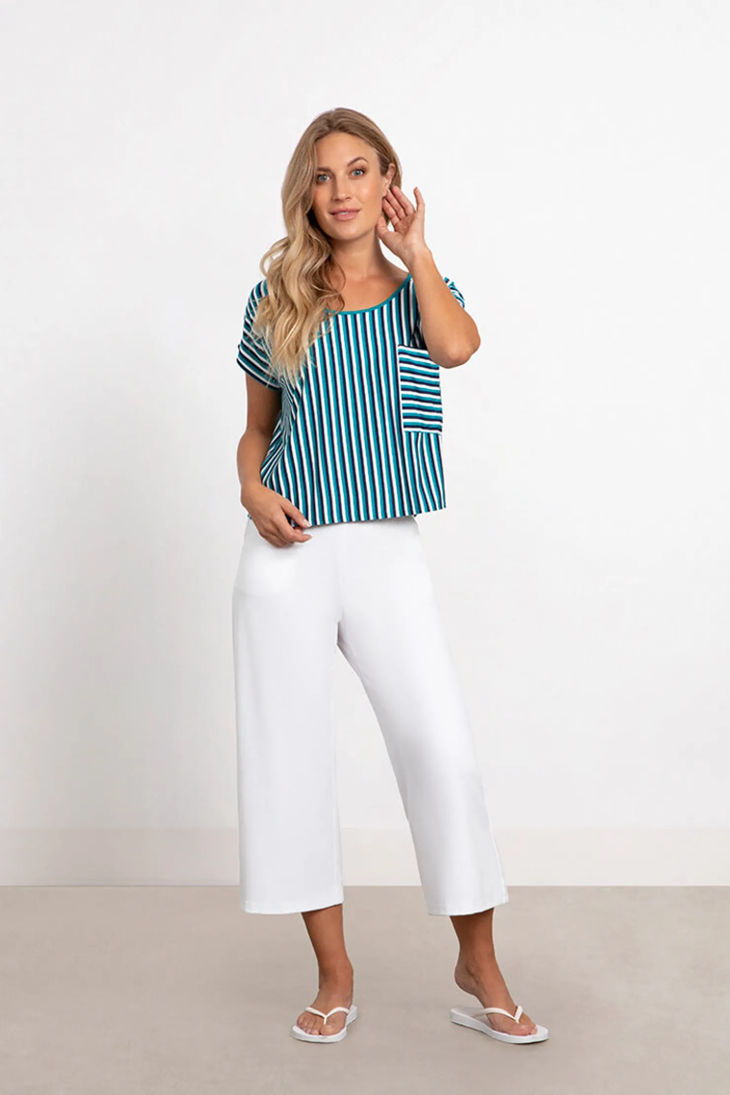 Sympli Tops>Bamboo Dolman Pocket Top BlueMulti