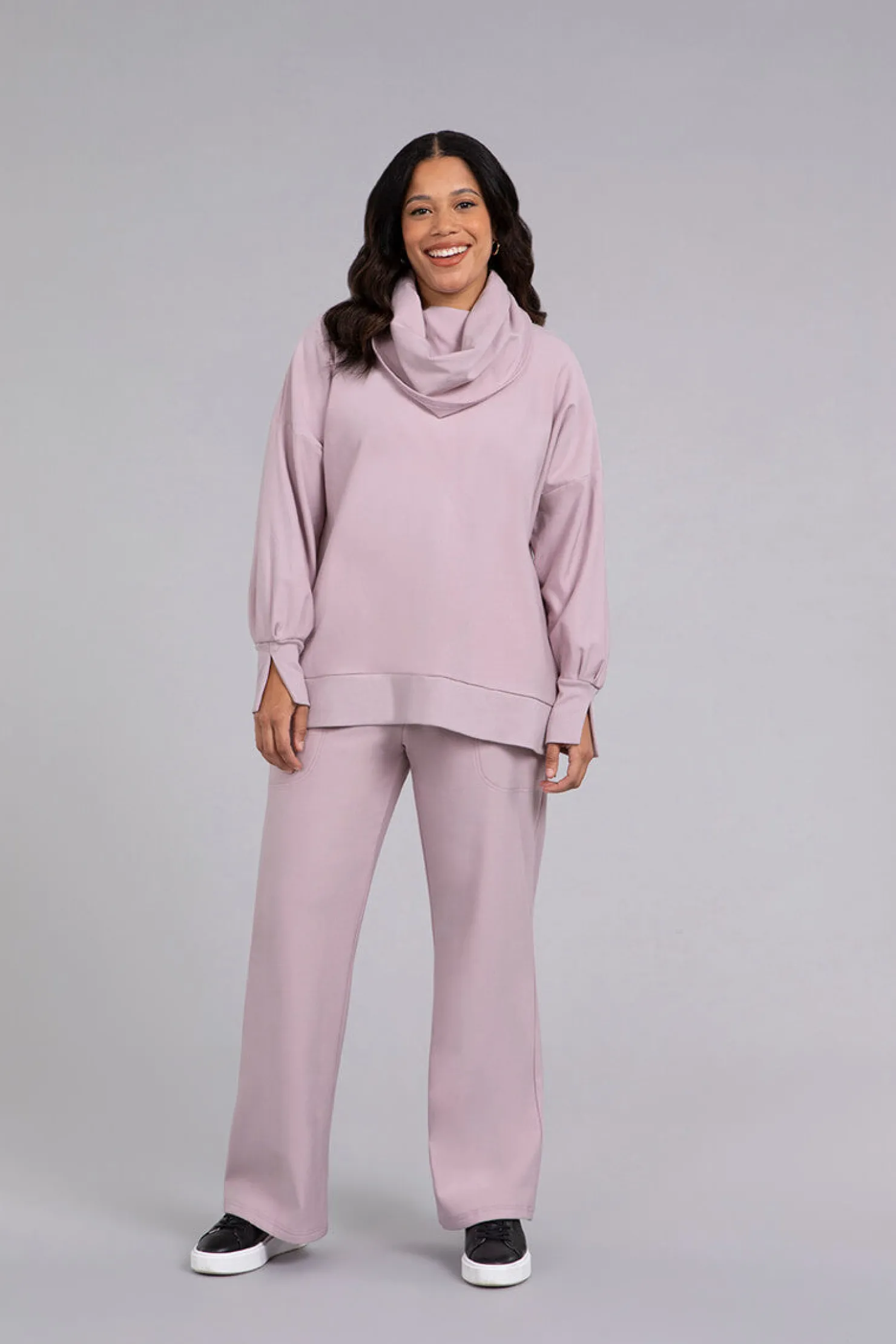 Sympli Tops | Sweaters & Cardigans>Bamboo Fleece Cowl Neck Pleat Sleeve Top Lilac