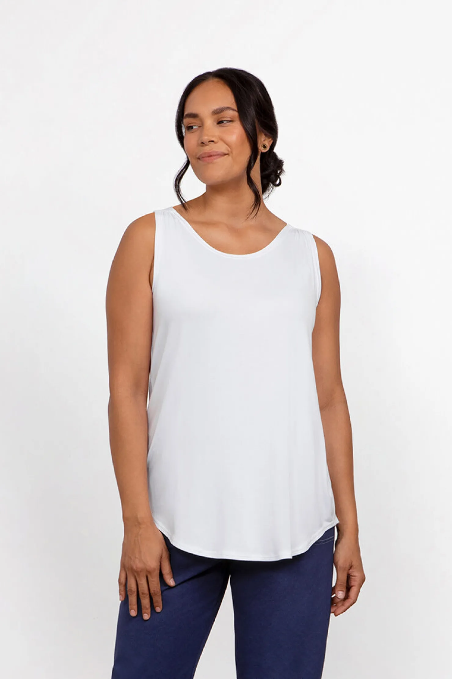 Sympli Tops>Bamboo Gather Tank White