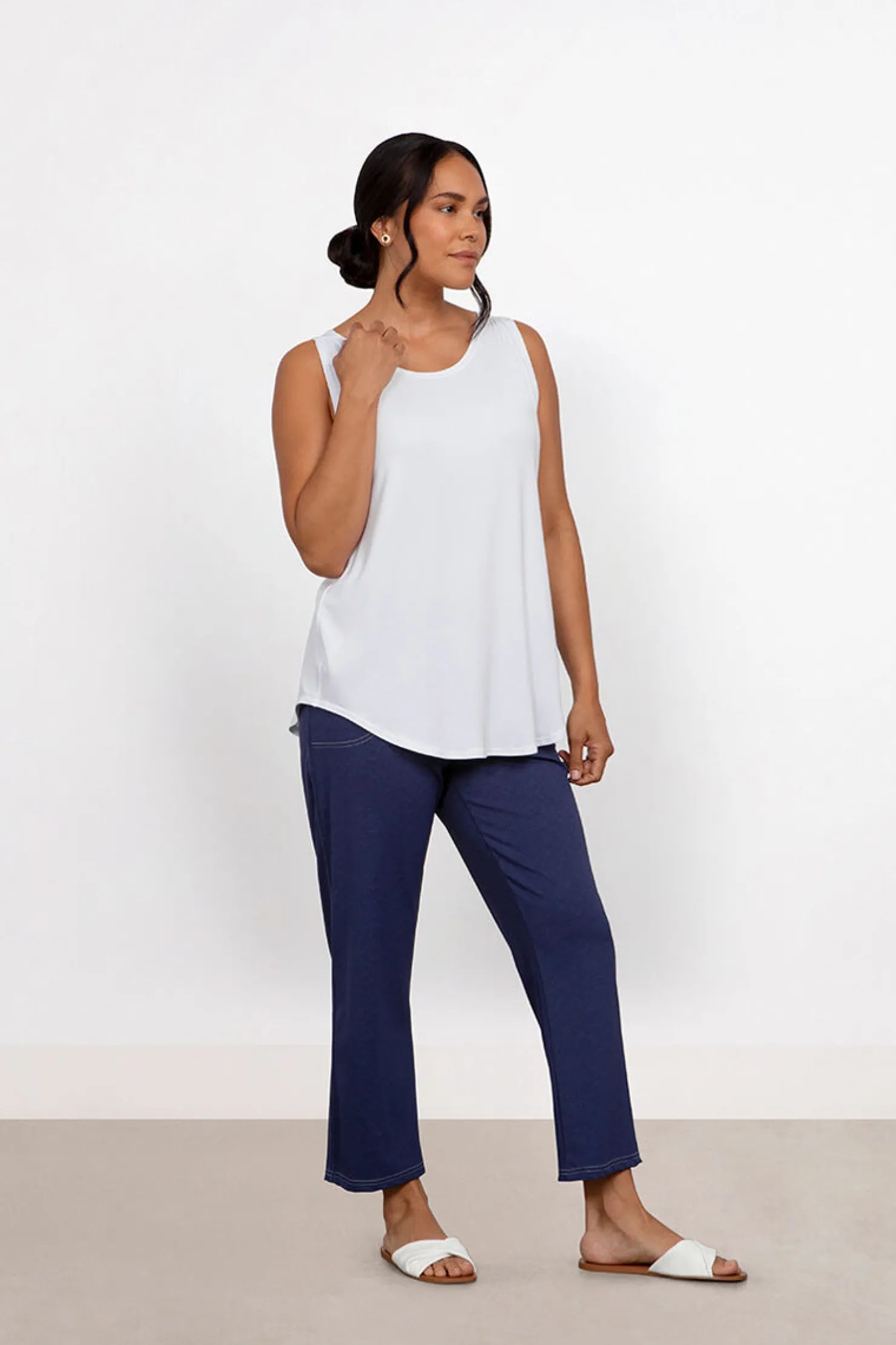 Sympli Tops>Bamboo Gather Tank White