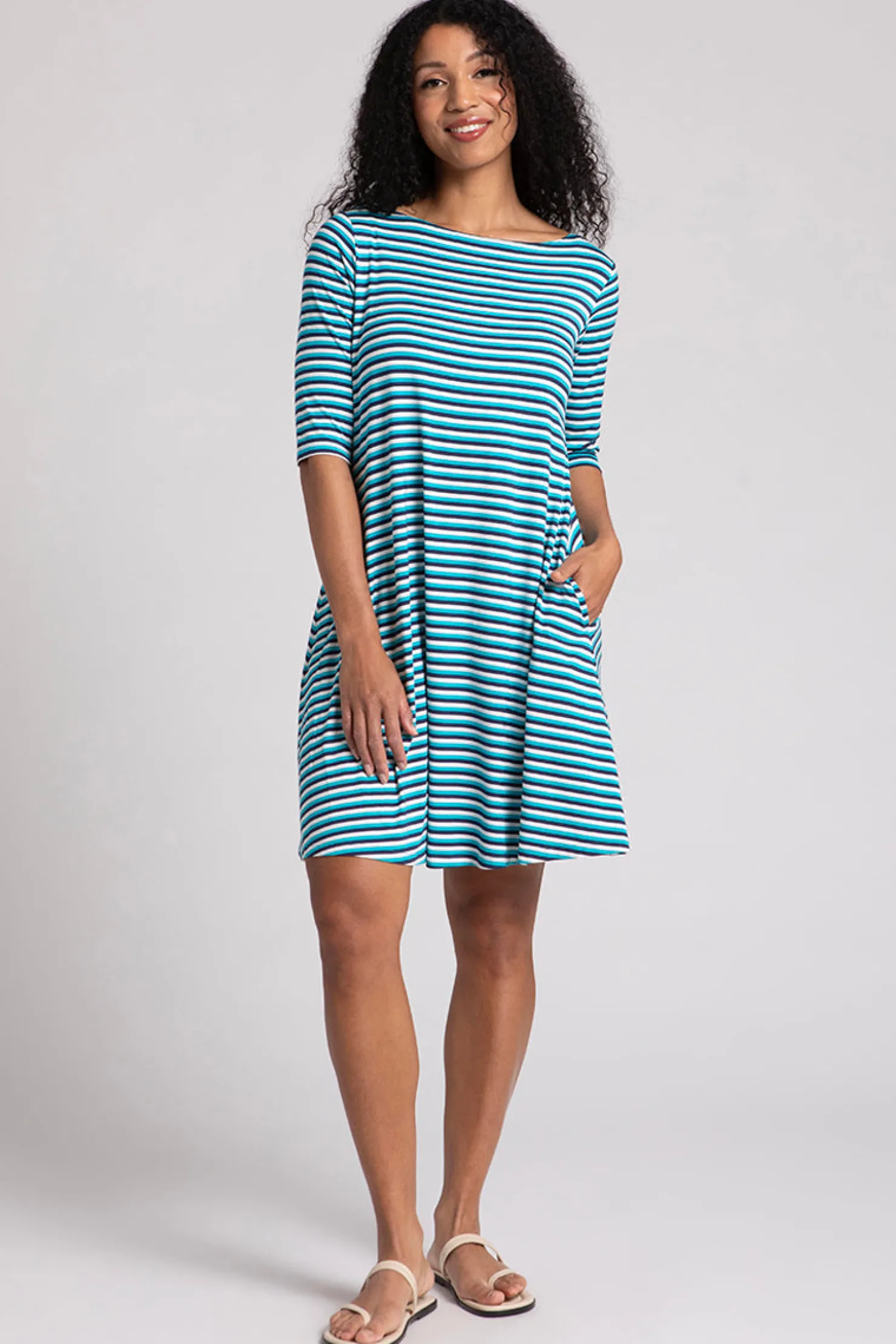 Sympli Dresses>Bamboo Nu Trapeze Dress BlueMulti