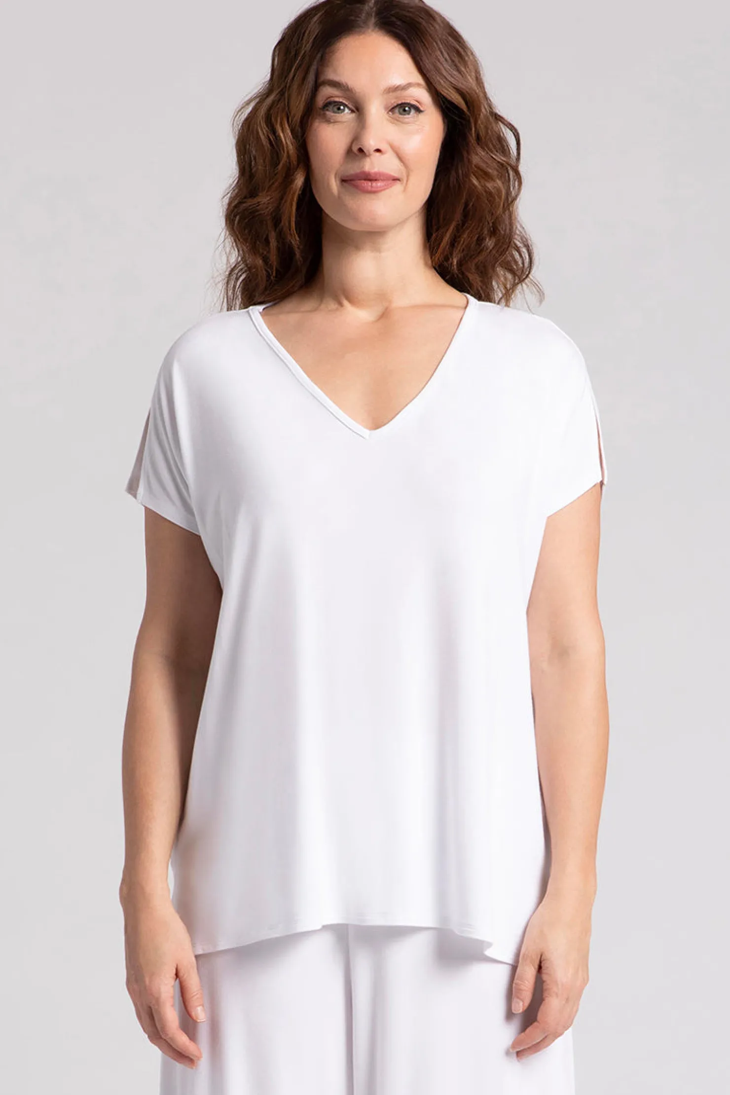 Sympli Tops>Bamboo V-Neck Slit Sleeve Top White