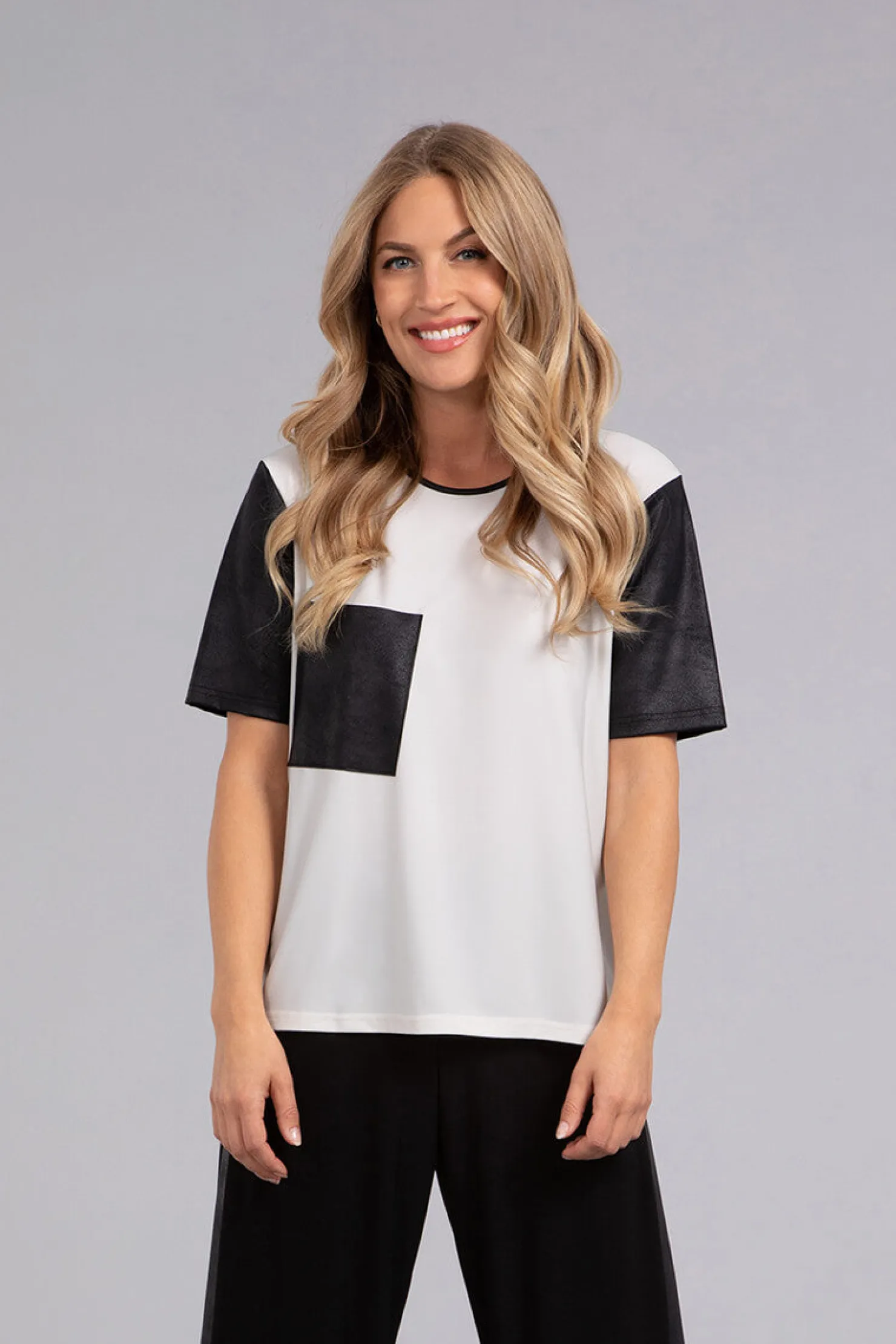 Sympli Tops>Boxy T with Faux Leather Ivory