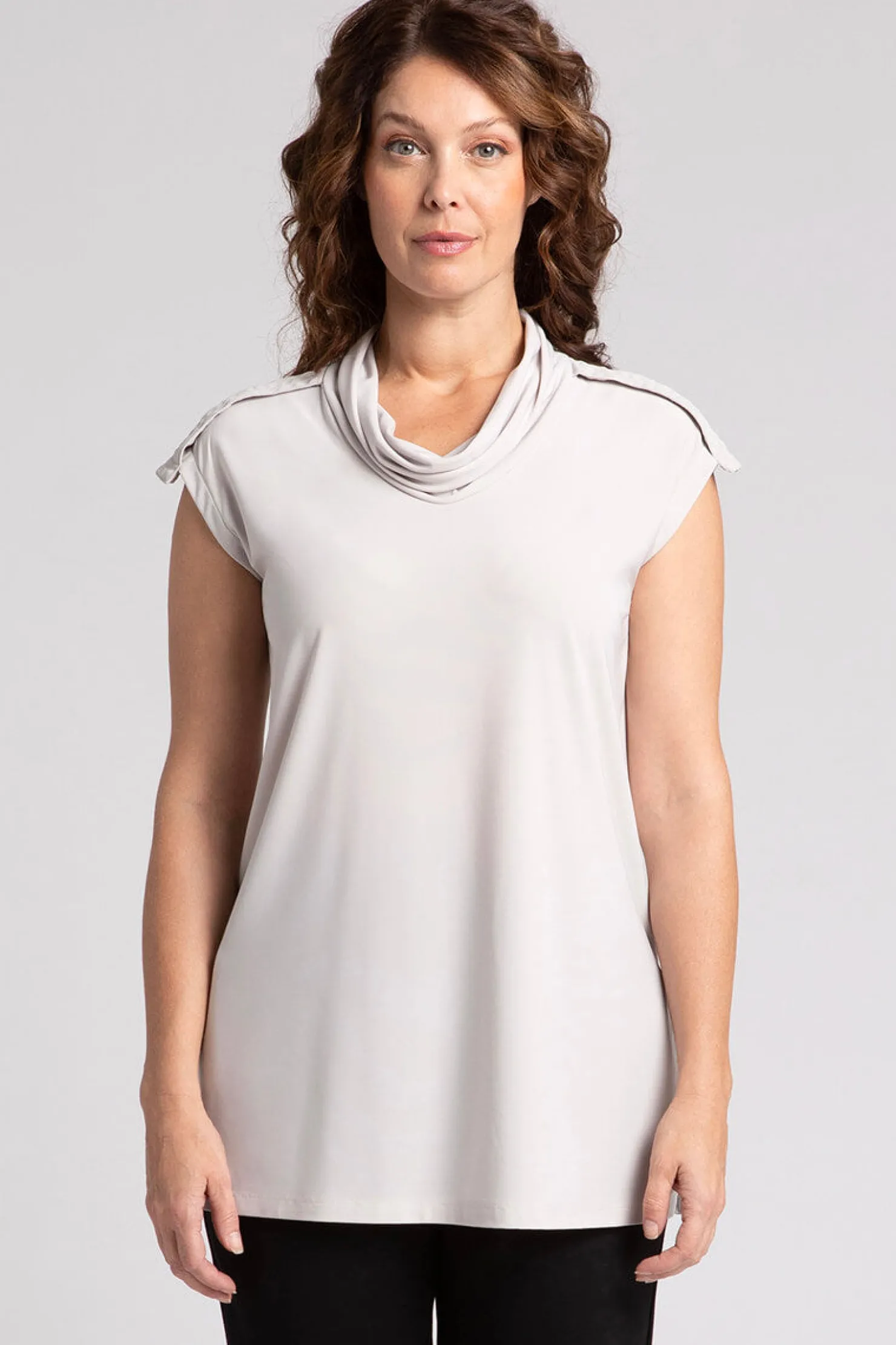 Sympli Tops>Convoy Sleeveless Funnel Cashew