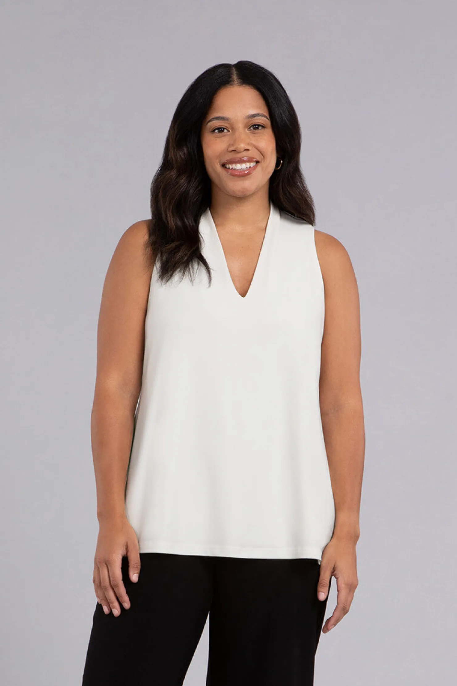 Sympli Tops>Deep V Trapeze Tank Ivory