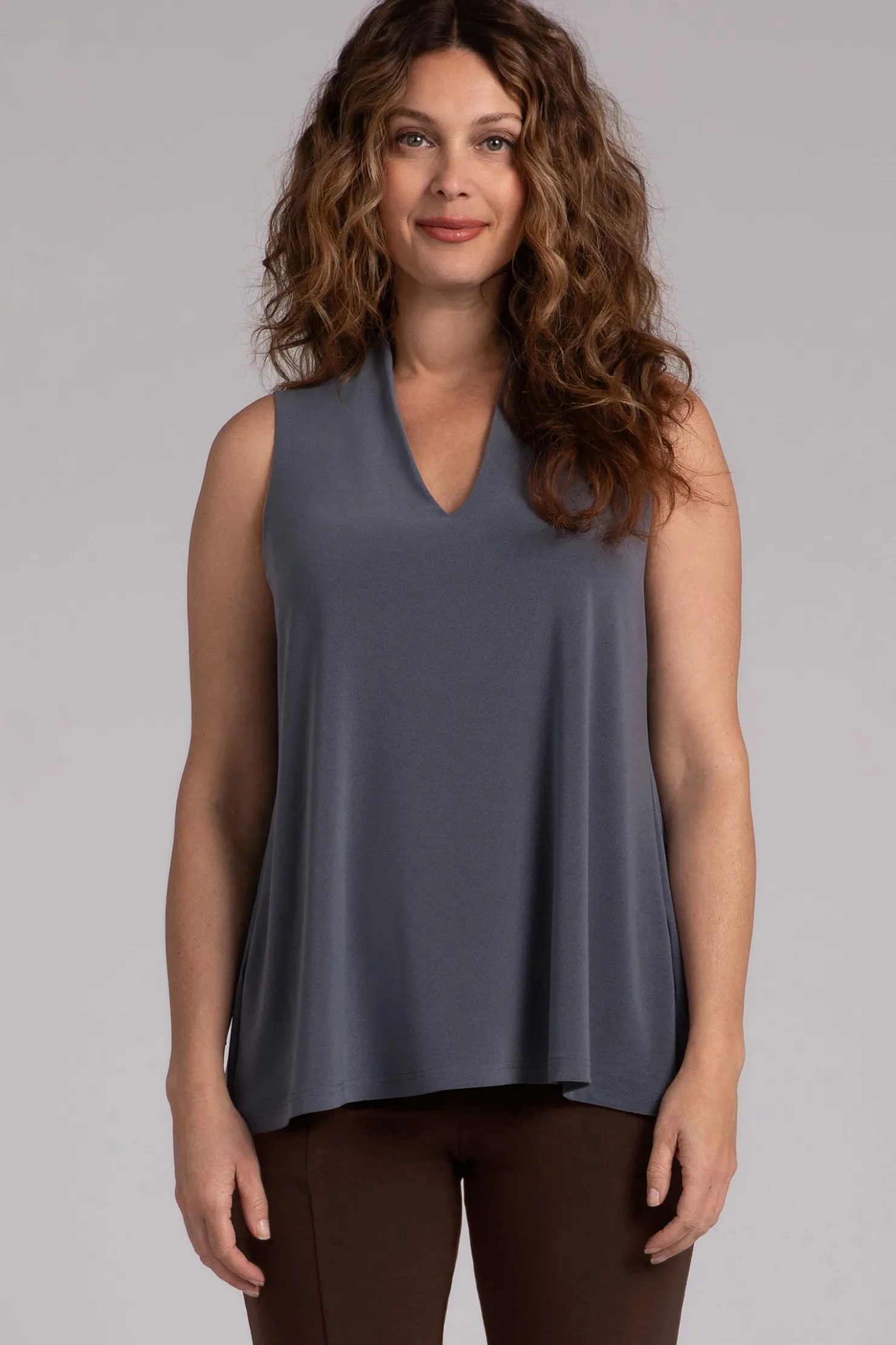 Sympli Tops>Deep V Trapeze Tank MelangeGunmetal