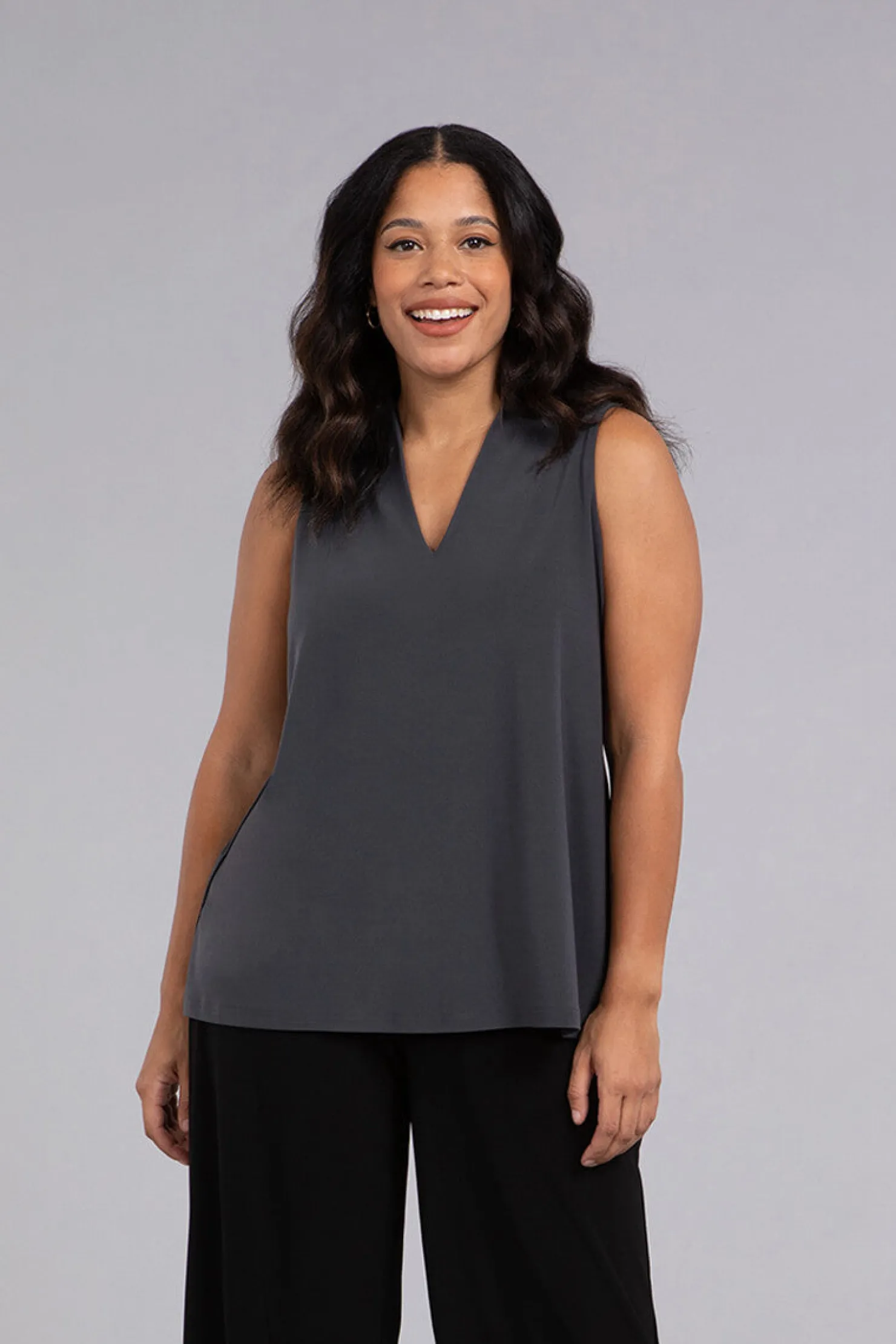 Sympli Tops>Deep V Trapeze Tank Graphite
