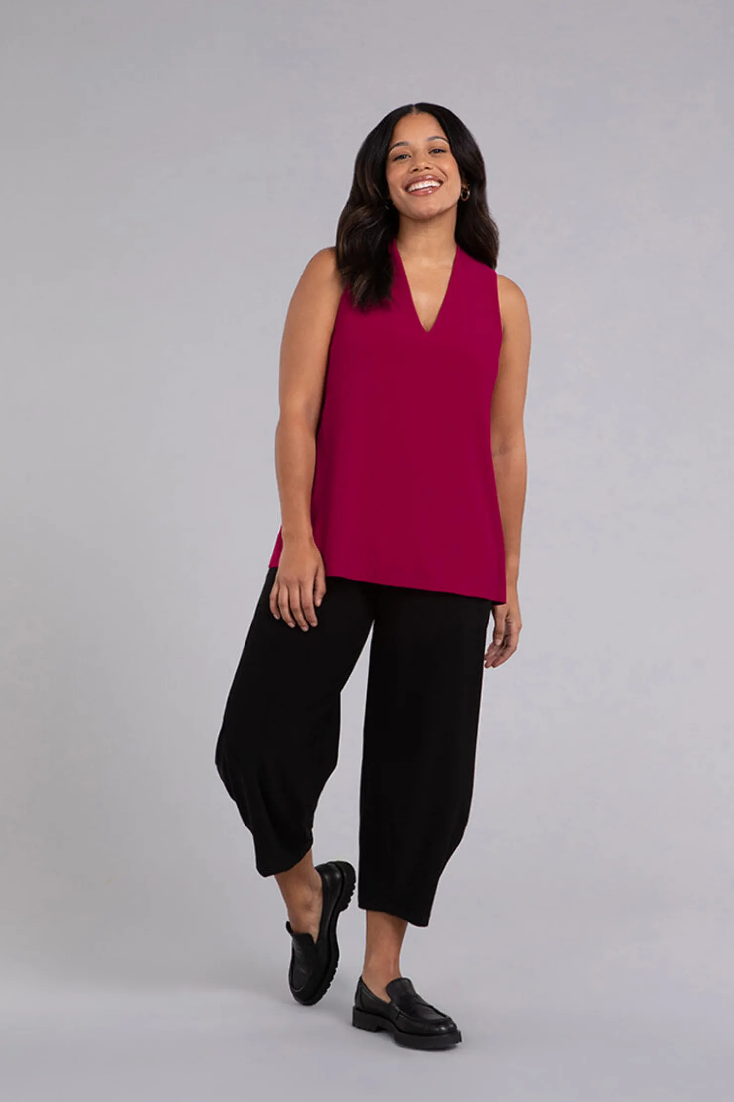 Sympli Tops>Deep V Trapeze Tank Magenta