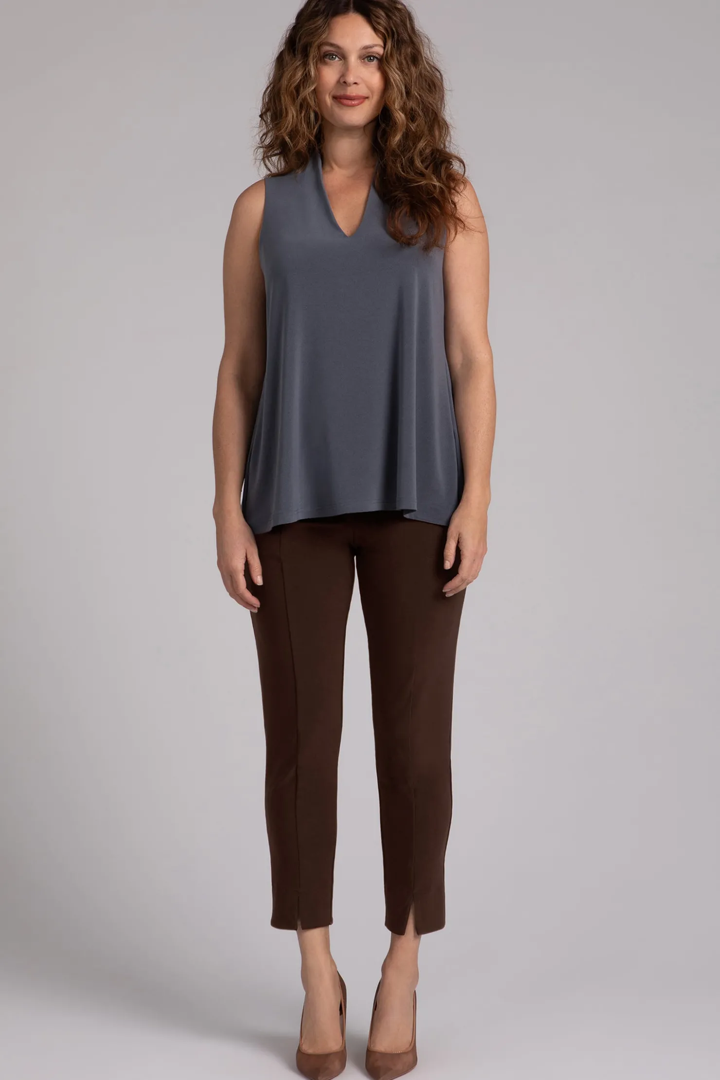 Sympli Tops>Deep V Trapeze Tank MelangeGunmetal