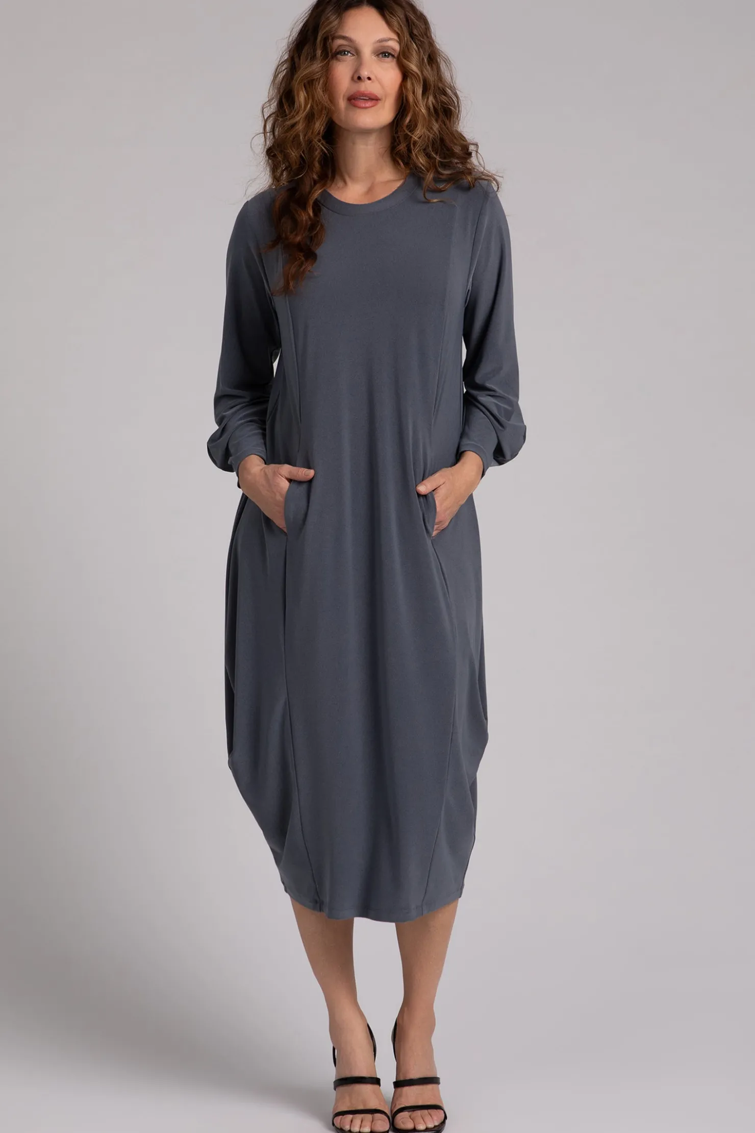 Sympli Dresses>Easy Crew Neck Lantern Dress MelangeGunmetal