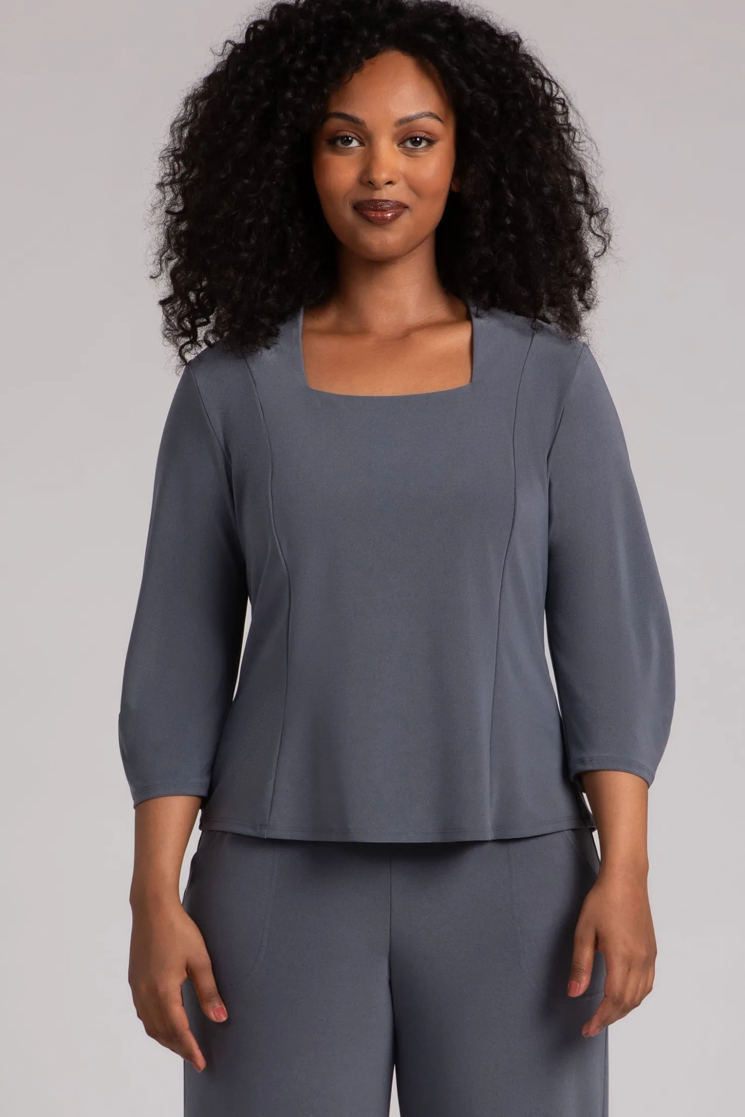 Sympli Tops>Fit N Flare Lantern Top MelangeGunmetal