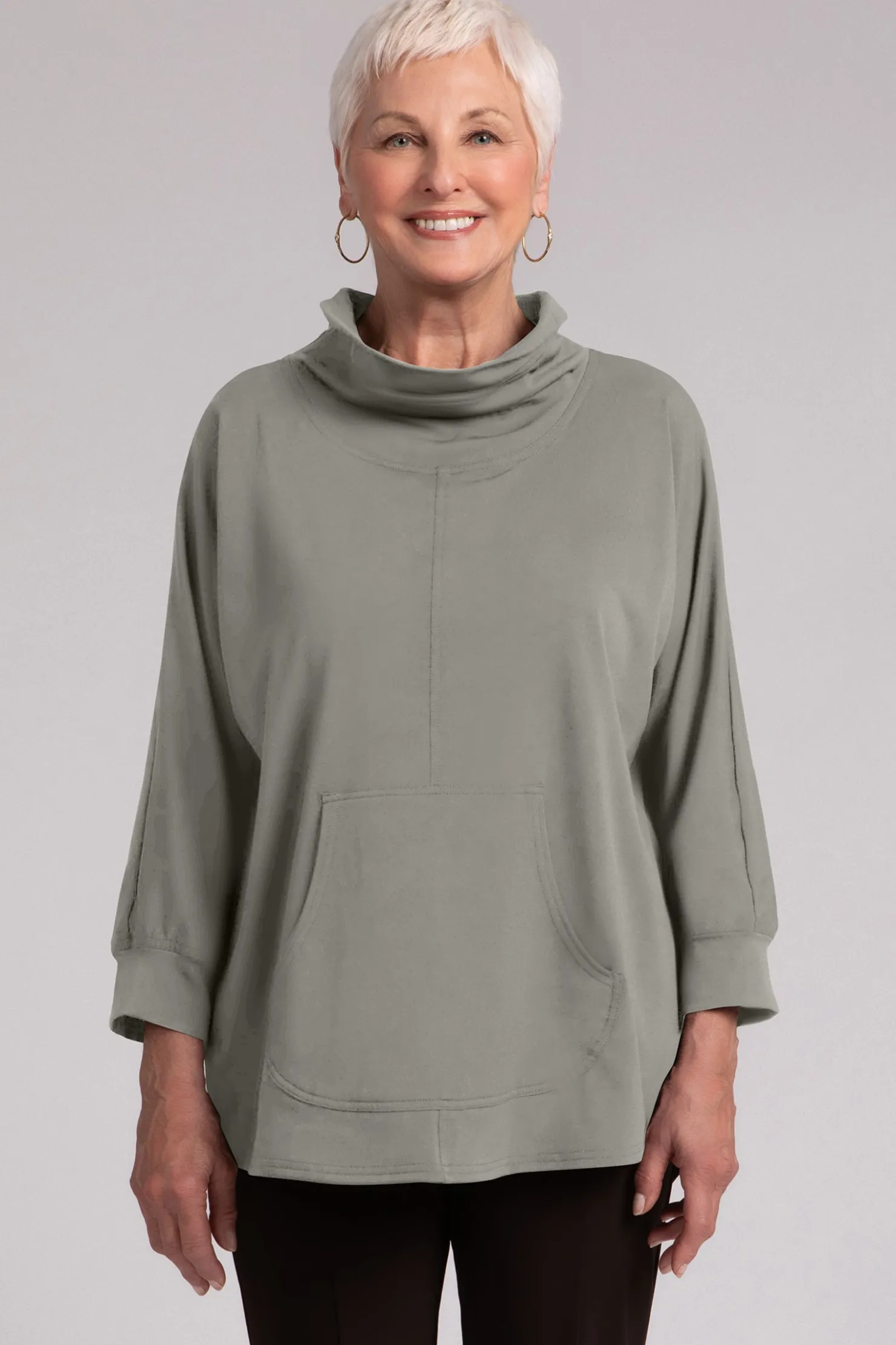 Sympli Tops>Fleece Back Jersey Funnel Neck Pullover with Kangaroo Pocket Taupe