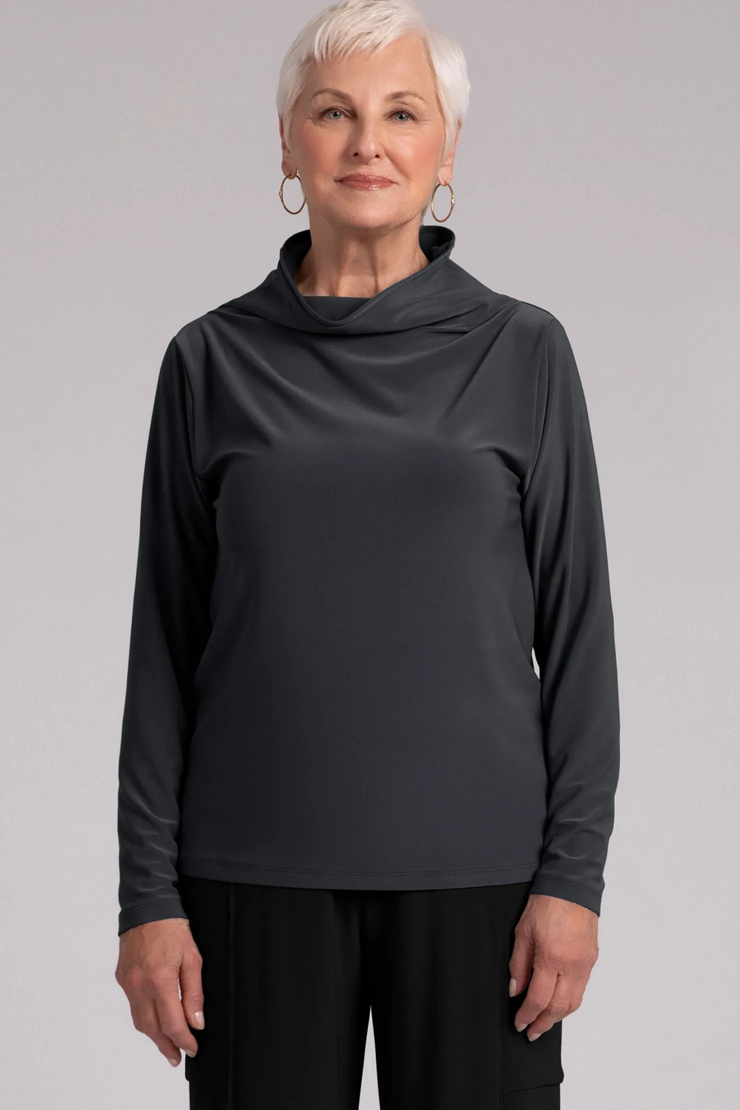 Sympli Tops>Funnel Neck Top Graphite