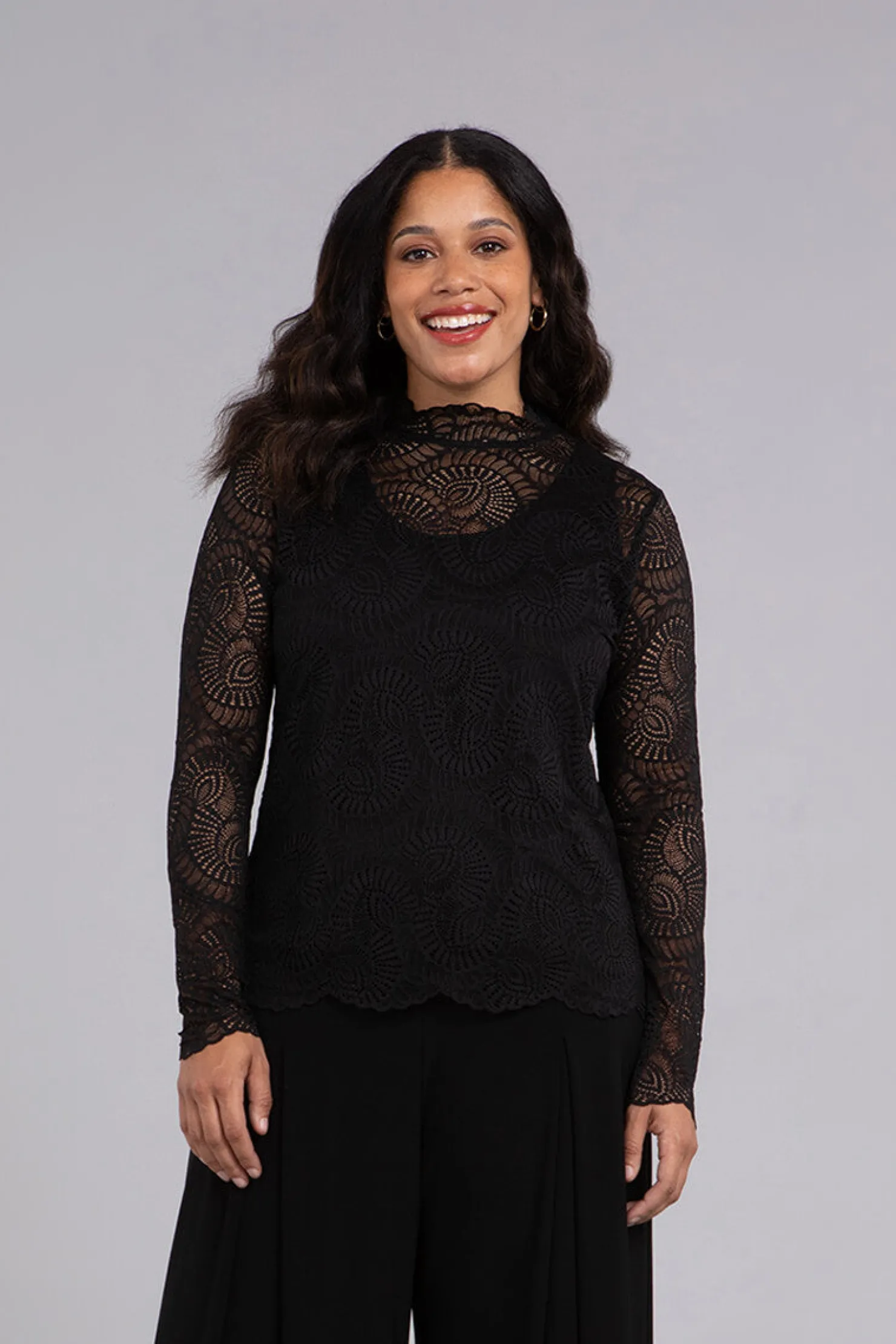 Sympli Tops>Lace Turtle Neck Barely T Black
