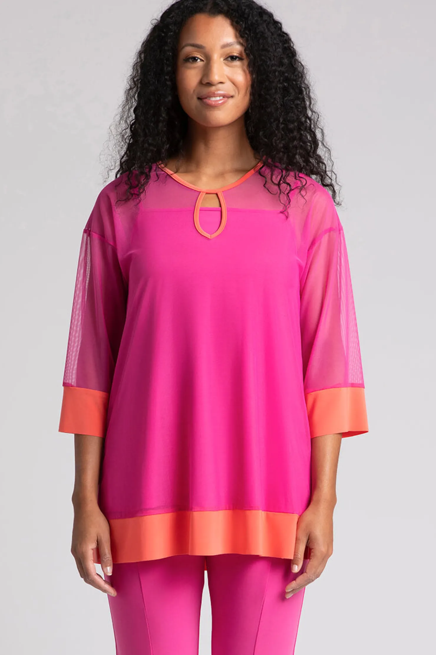 Sympli Tops>Mesh Keyhole Tunic Peony
