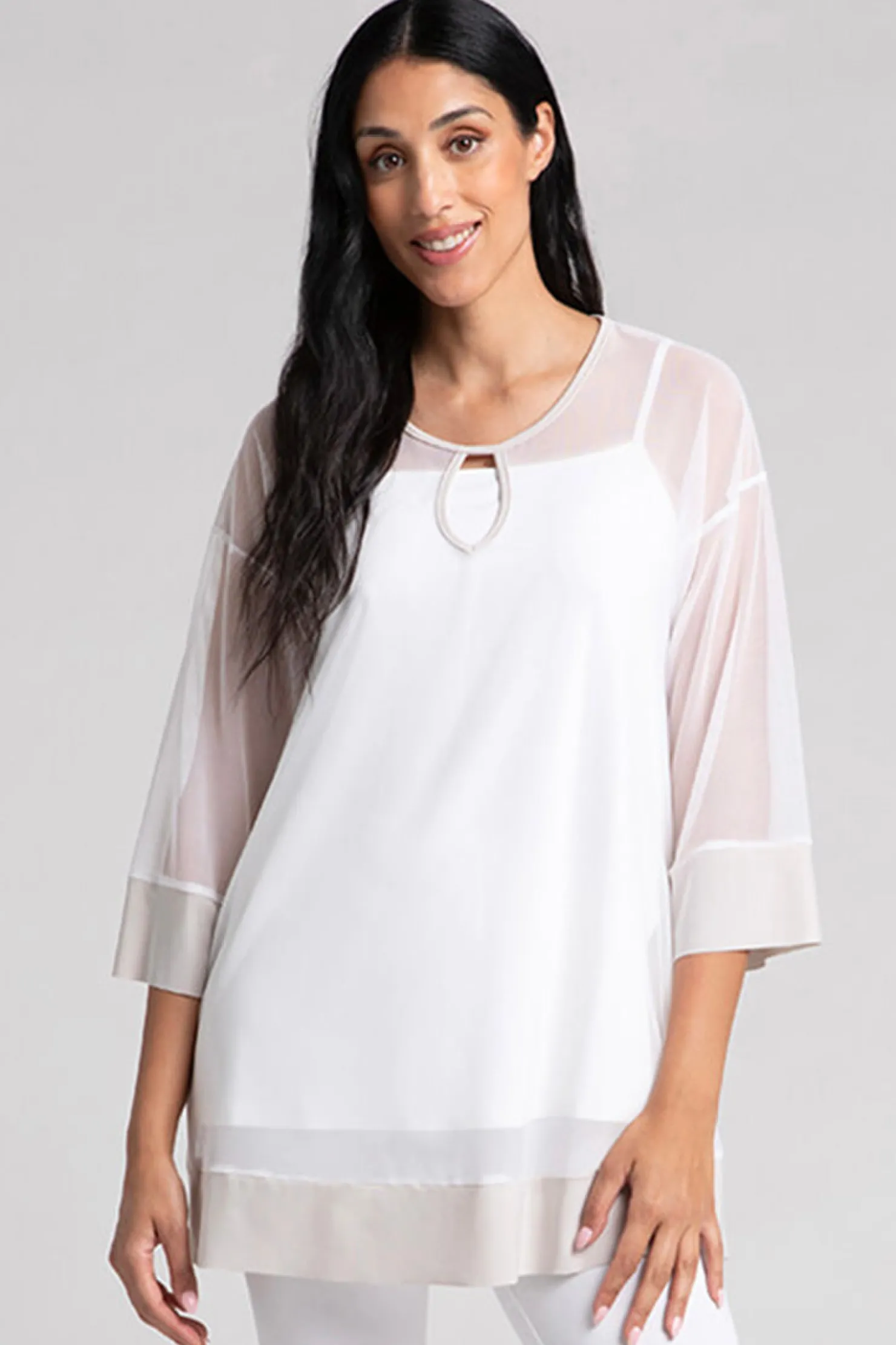 Sympli Tops>Mesh Keyhole Tunic White