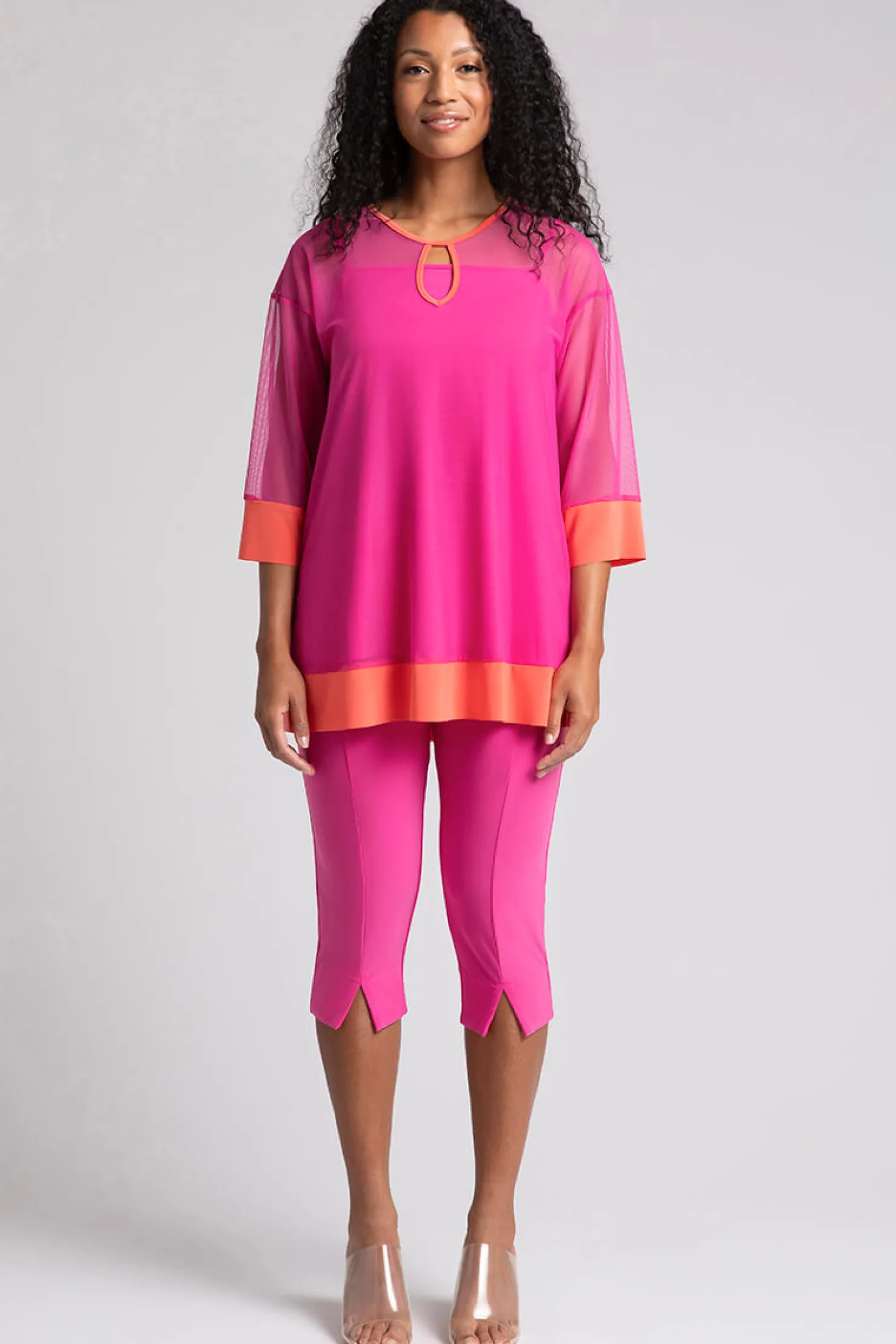 Sympli Tops>Mesh Keyhole Tunic Peony