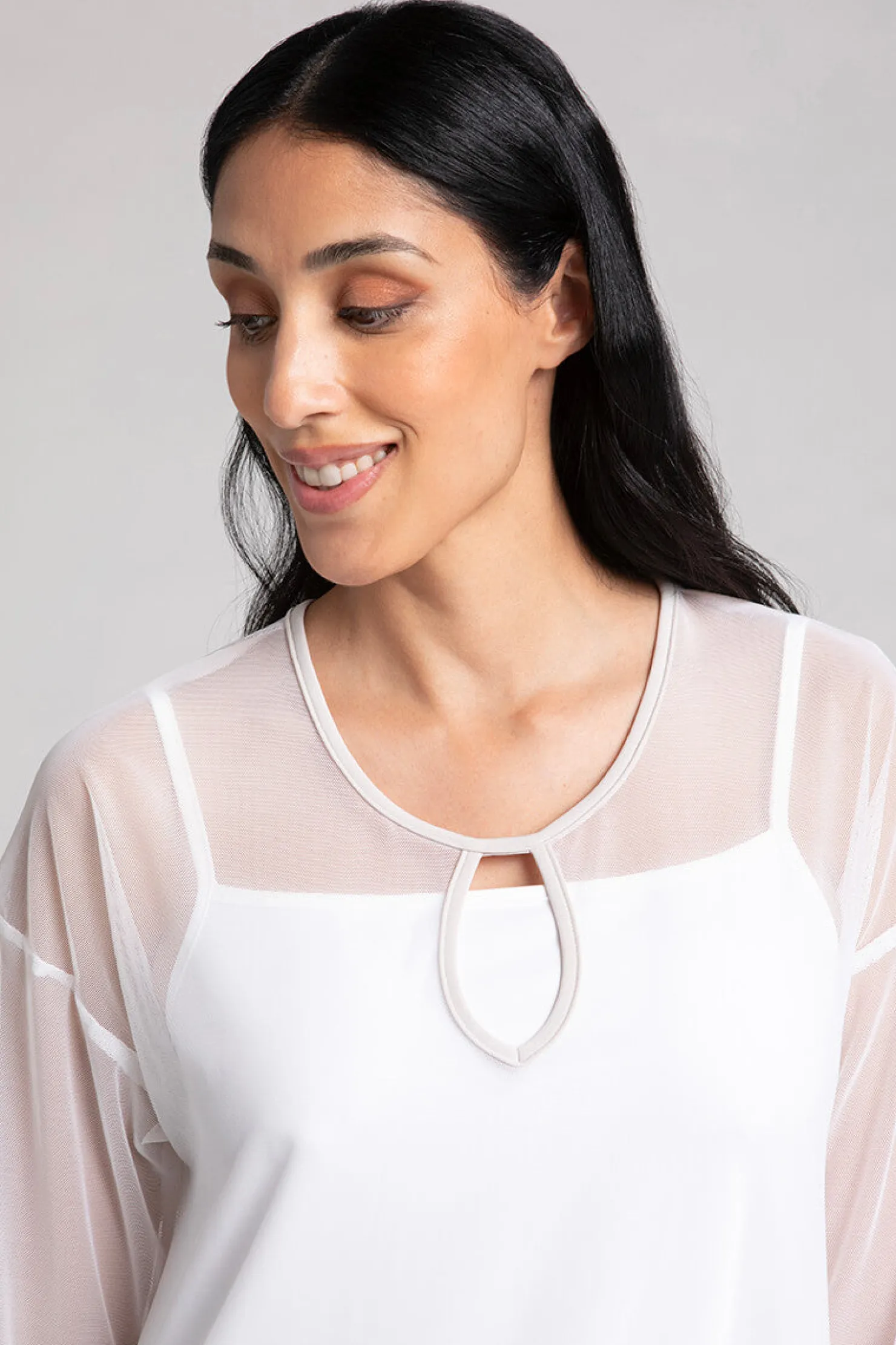 Sympli Tops>Mesh Keyhole Tunic White