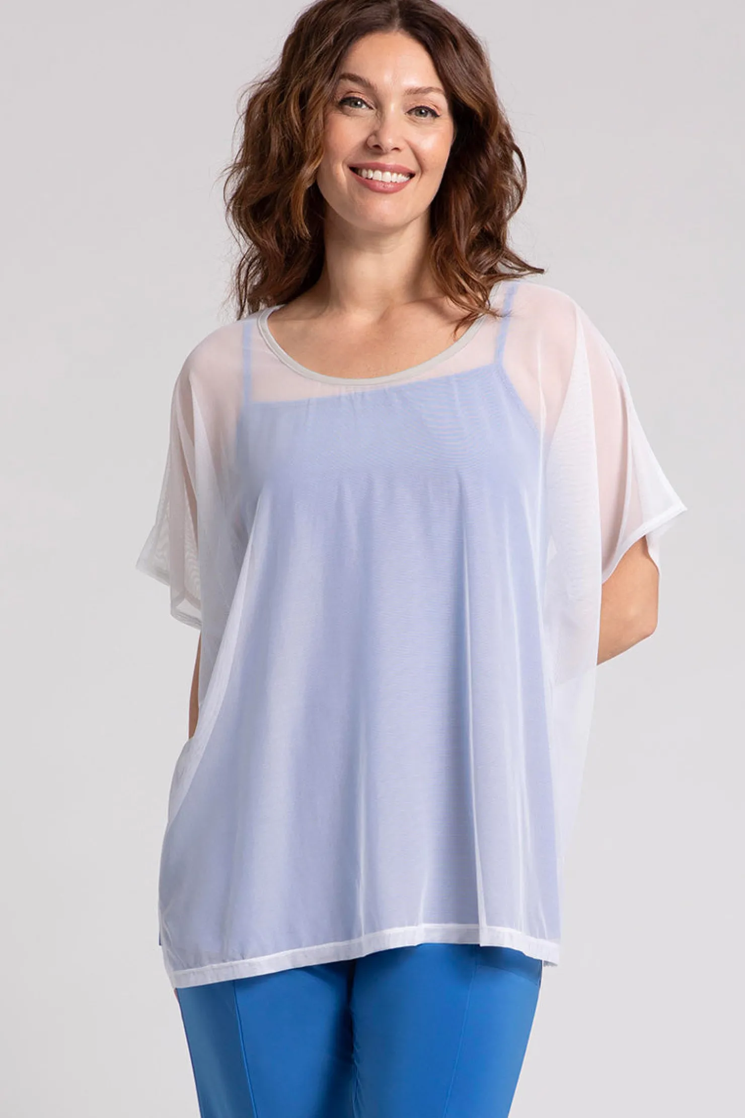 Sympli Tops>Mesh Slit Back Tunic White