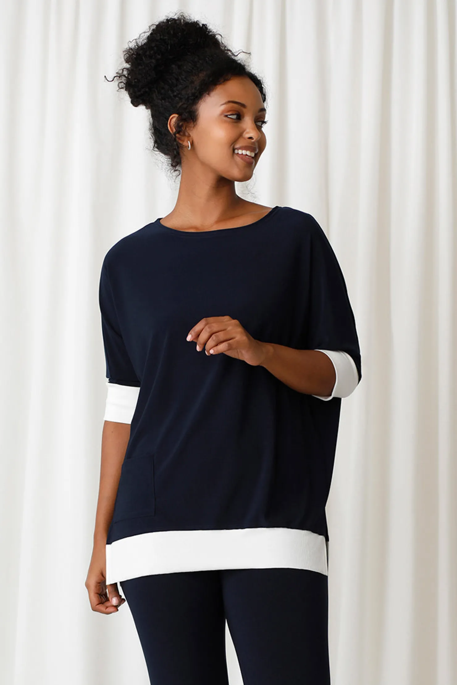 Sympli Tops>Motion Pocket Boxy Tunic Navy/Wht