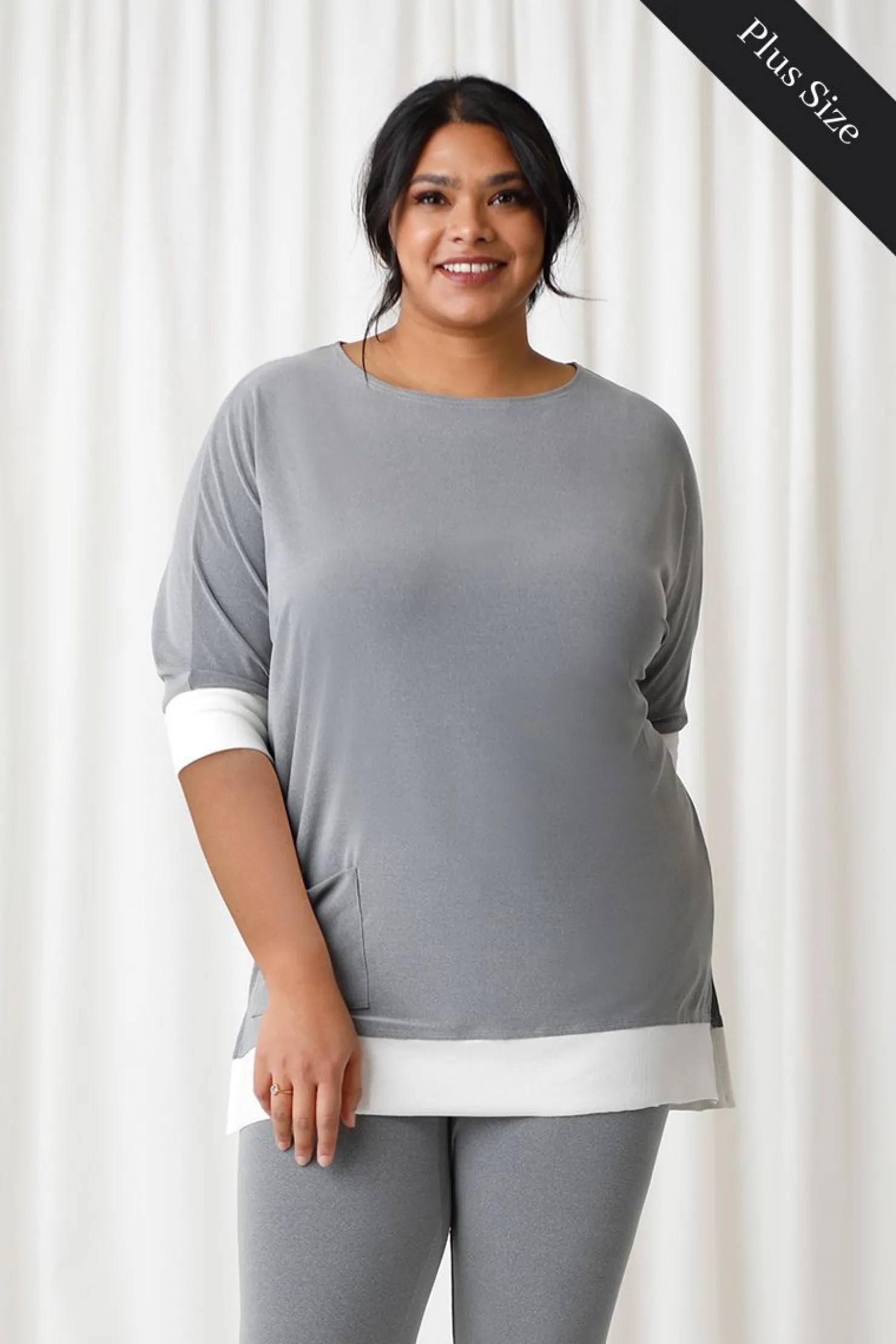 Sympli Tops>Motion Pocket Boxy Tunic Plus MelangeSilver/Wht