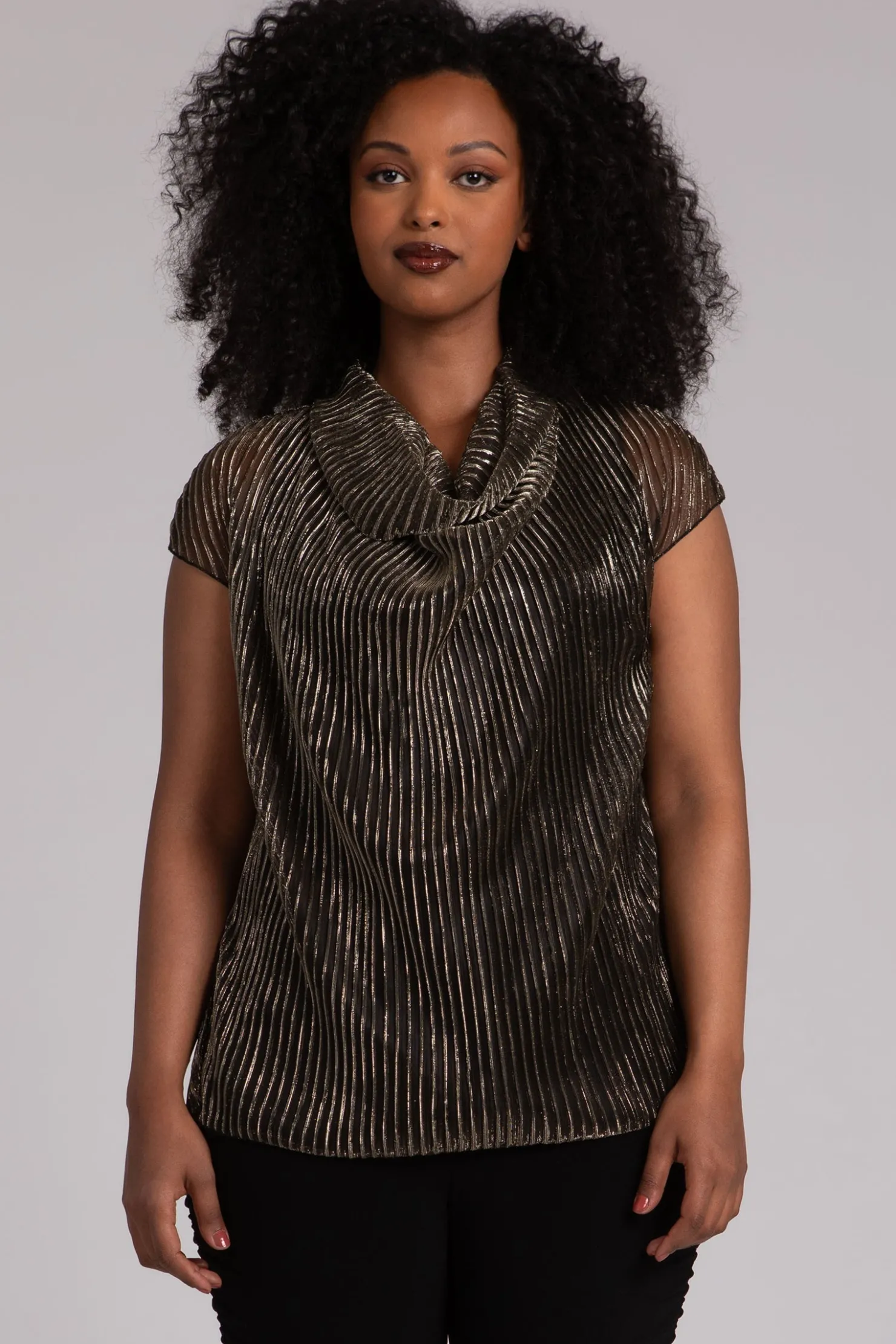 Sympli Tops>Pleated Mesh Draped Cowl Top Black/Gold