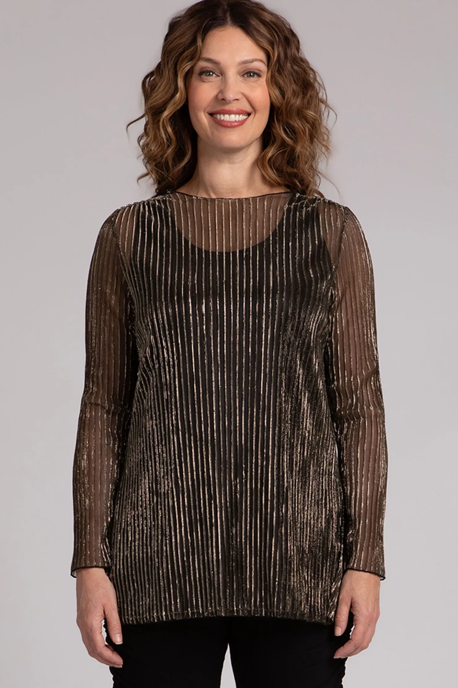 Sympli Tops>Pleated Mesh Nu Ideal Tunic Black/Gold
