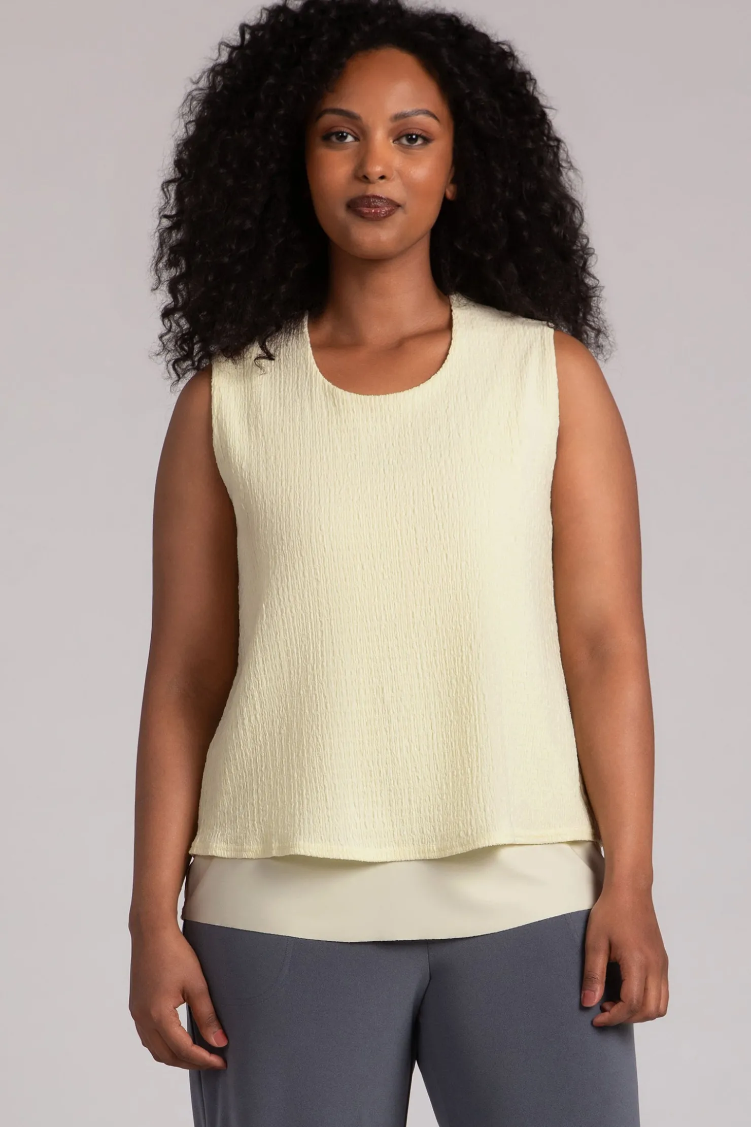 Sympli Tops>Popcorn Waffle Sleeveless Double Layer Shell LemonChiffon