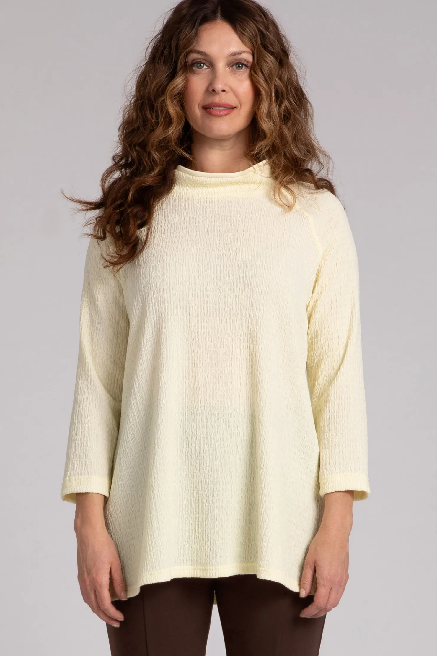 Sympli Tops>Popcorn Waffle Svelte Funnel Neck Tunic LemonChiffon