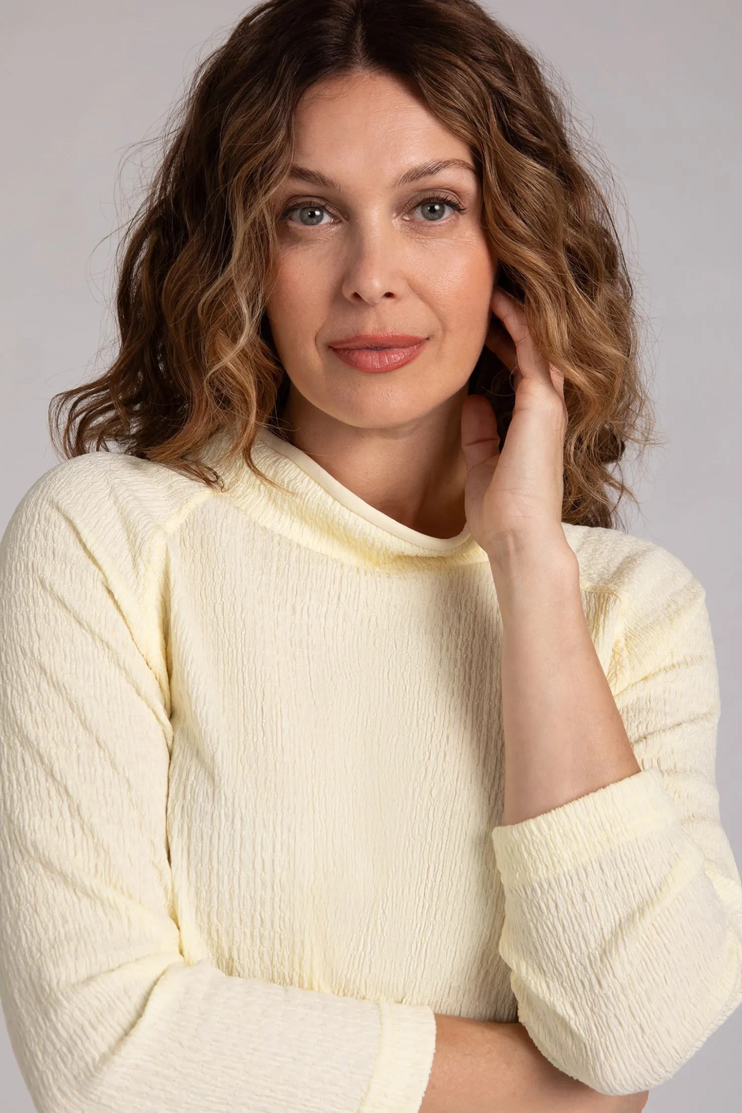 Sympli Tops>Popcorn Waffle Svelte Funnel Neck Tunic LemonChiffon