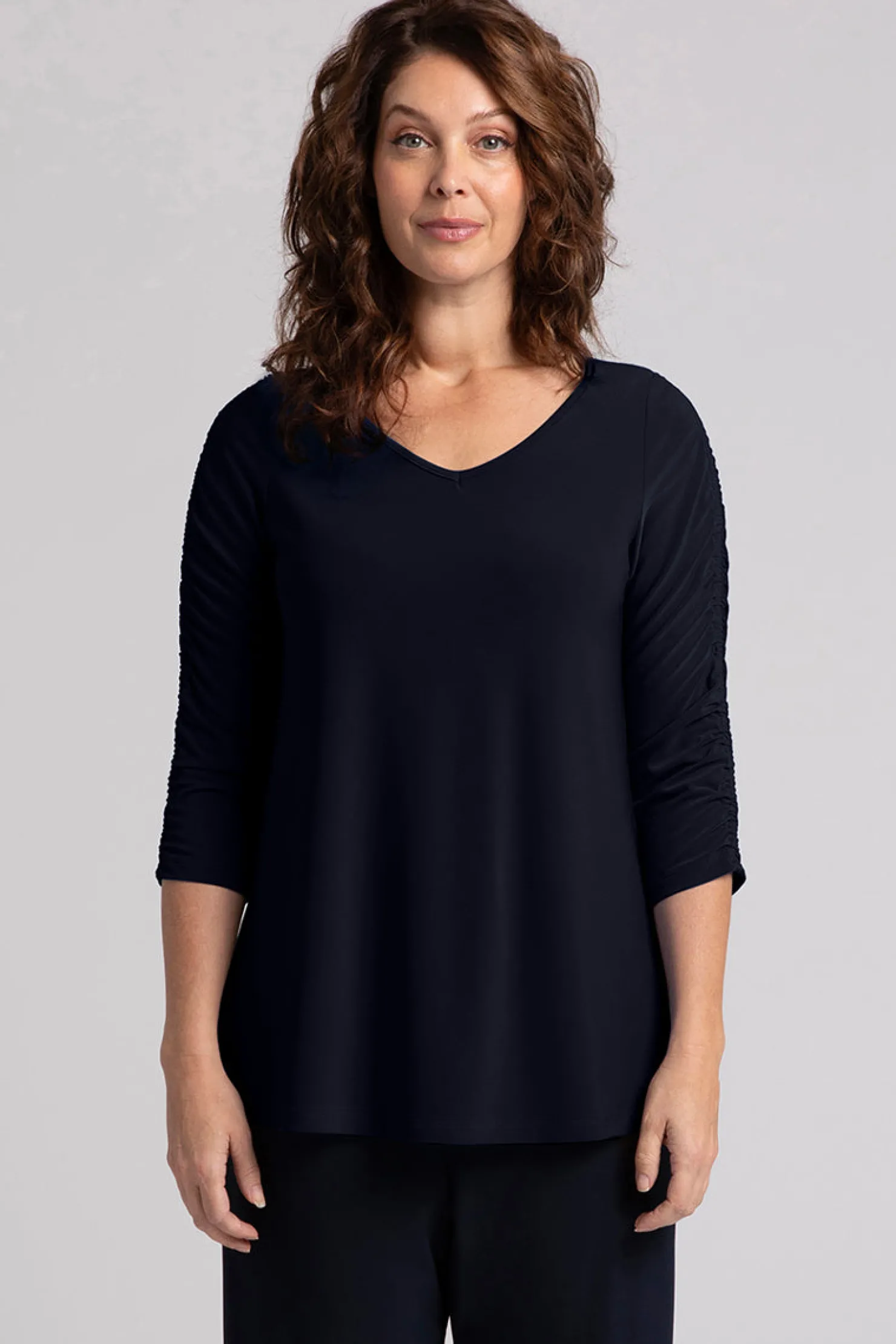 Sympli Tops>Revelry Top with Rusched Sleeve Navy