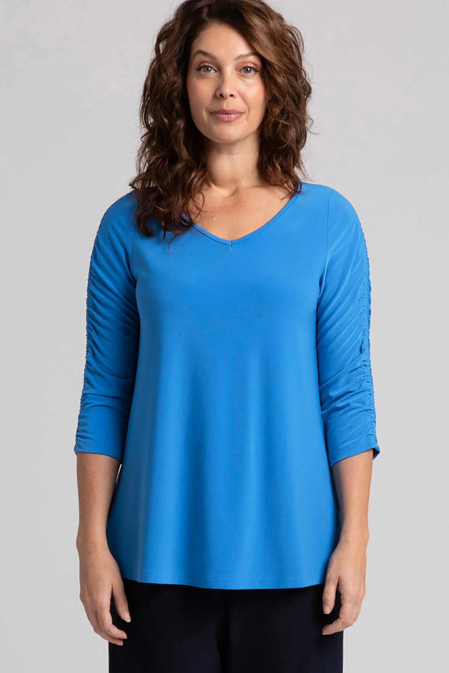 Sympli Tops>Revelry Top with Rusched Sleeve Marine