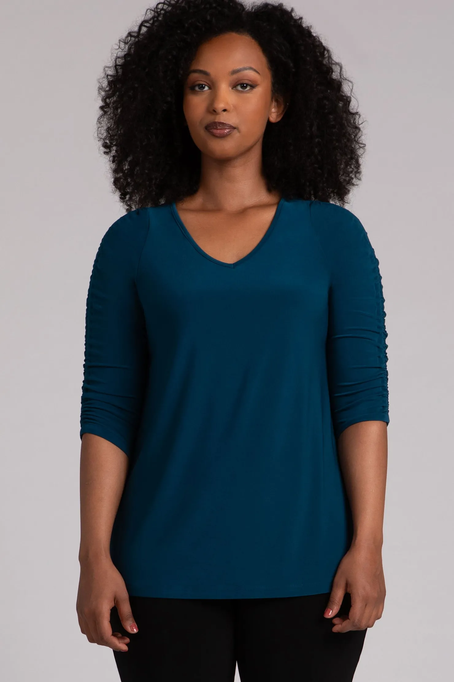 Sympli Tops>Revelry Top with Rusched Sleeve Atlantis