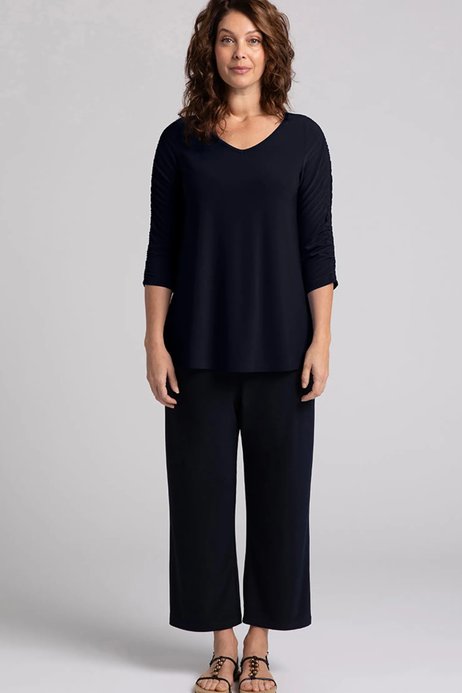 Sympli Tops>Revelry Top with Rusched Sleeve Navy