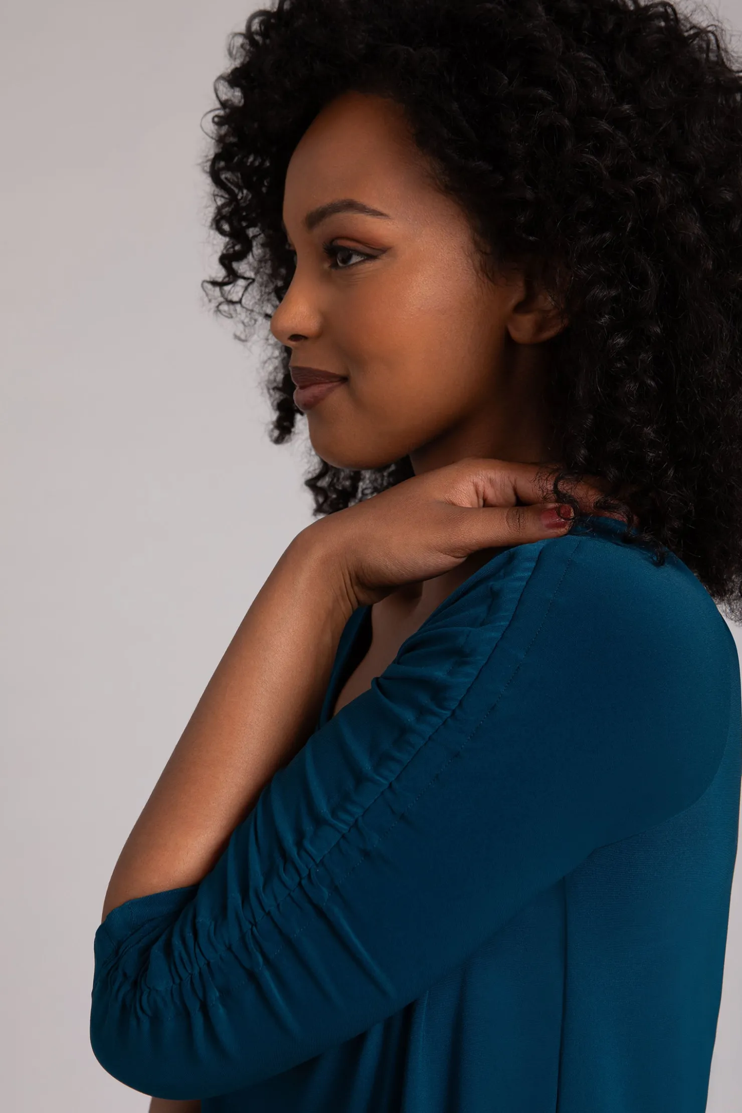 Sympli Tops>Revelry Top with Rusched Sleeve Atlantis