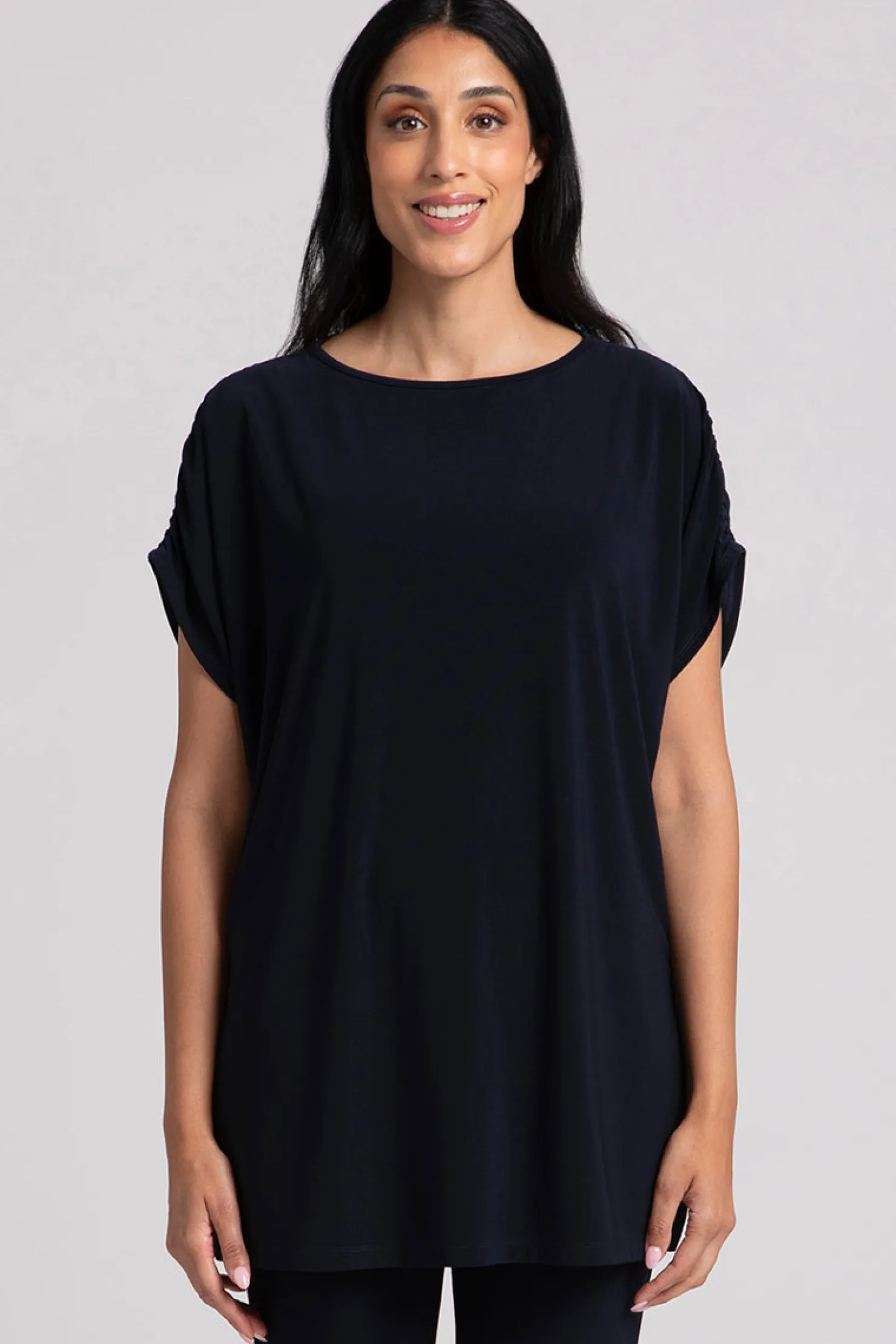 Sympli Tops>Revelry Tunic with Ruched Shoulder Navy