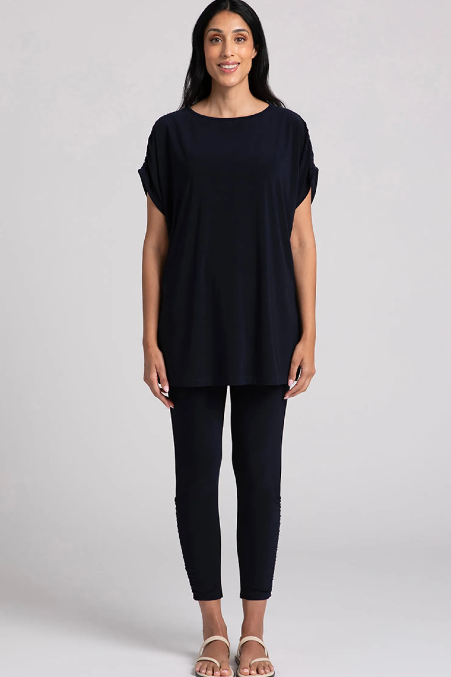 Sympli Tops>Revelry Tunic with Ruched Shoulder Navy