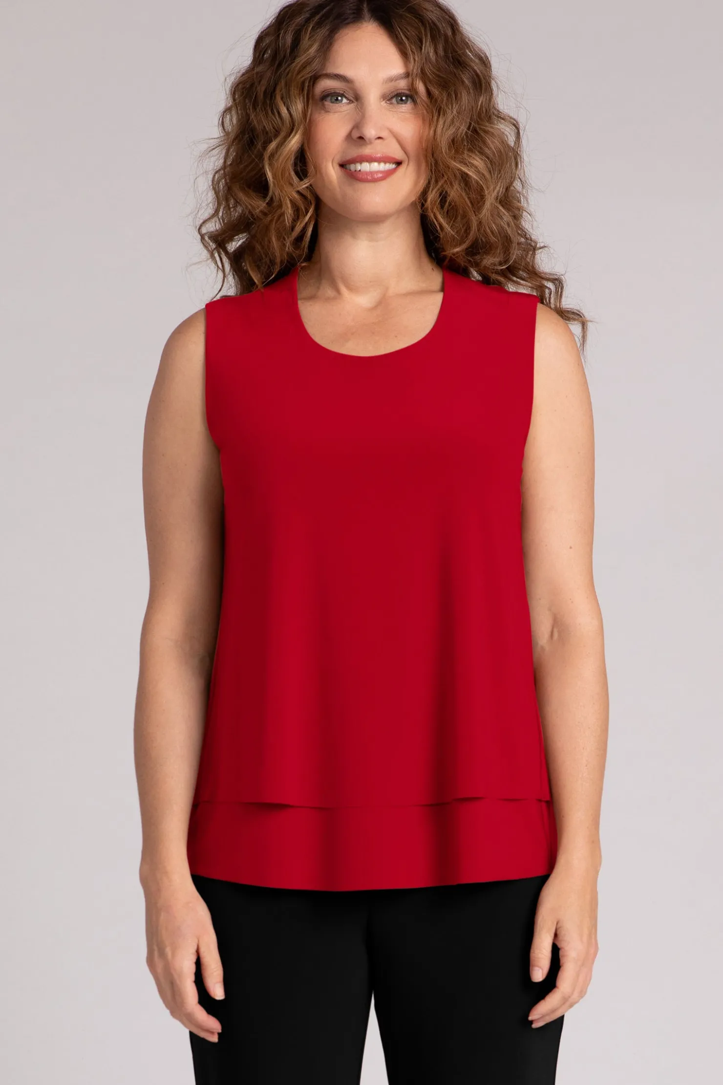 Sympli Tops>Sleeveless Double Layer Shell Poppy