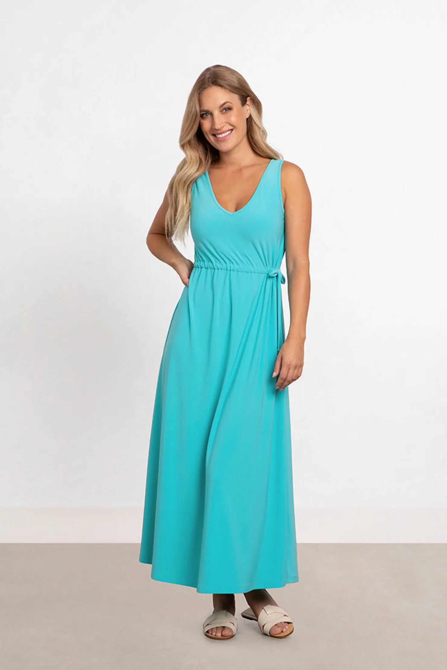 Sympli Dresses>Sleeveless Reversible Tie Dress Aqua